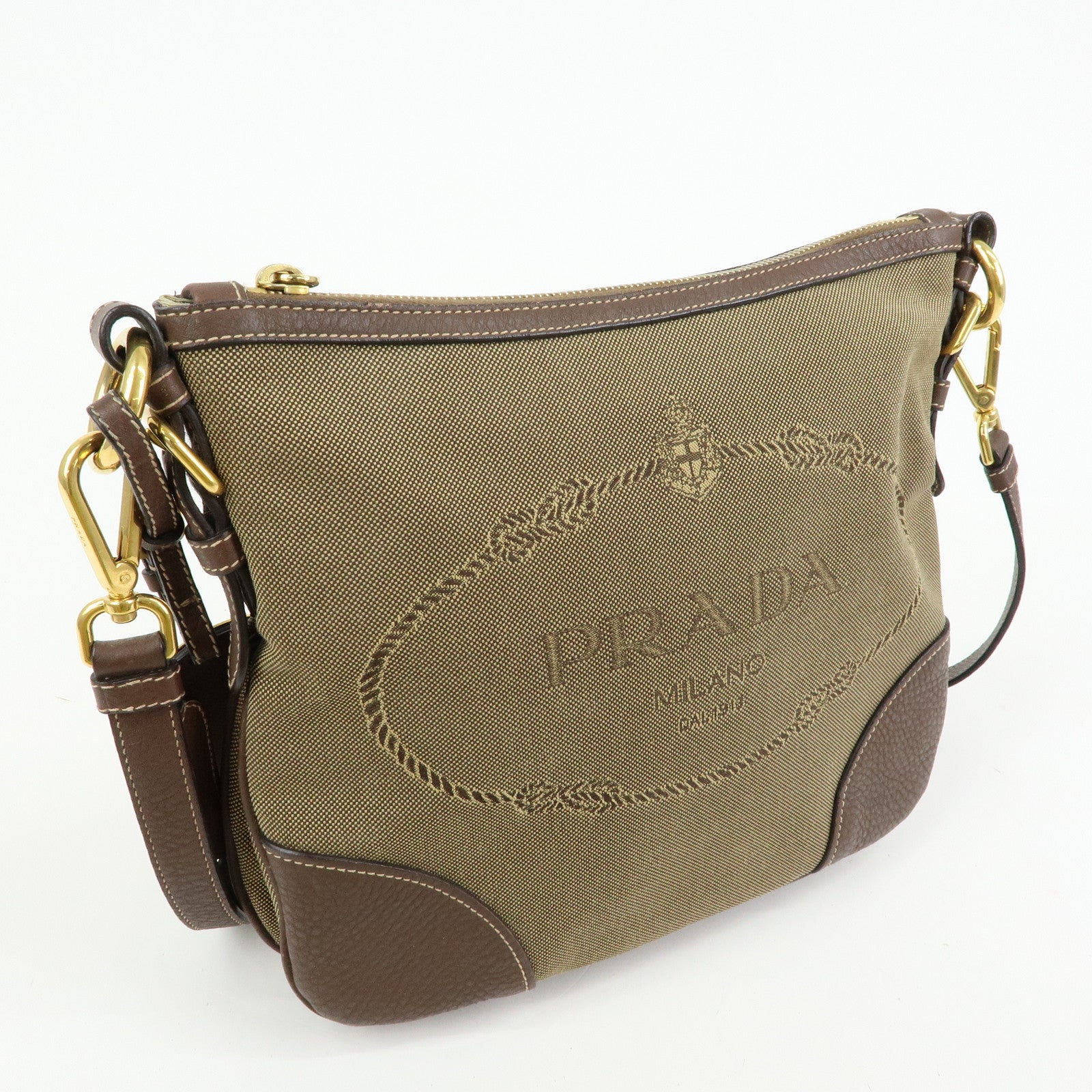 PRADA Logo Jacguard Leather Shoulder Bag Crossbody Bag Brown 1BT867