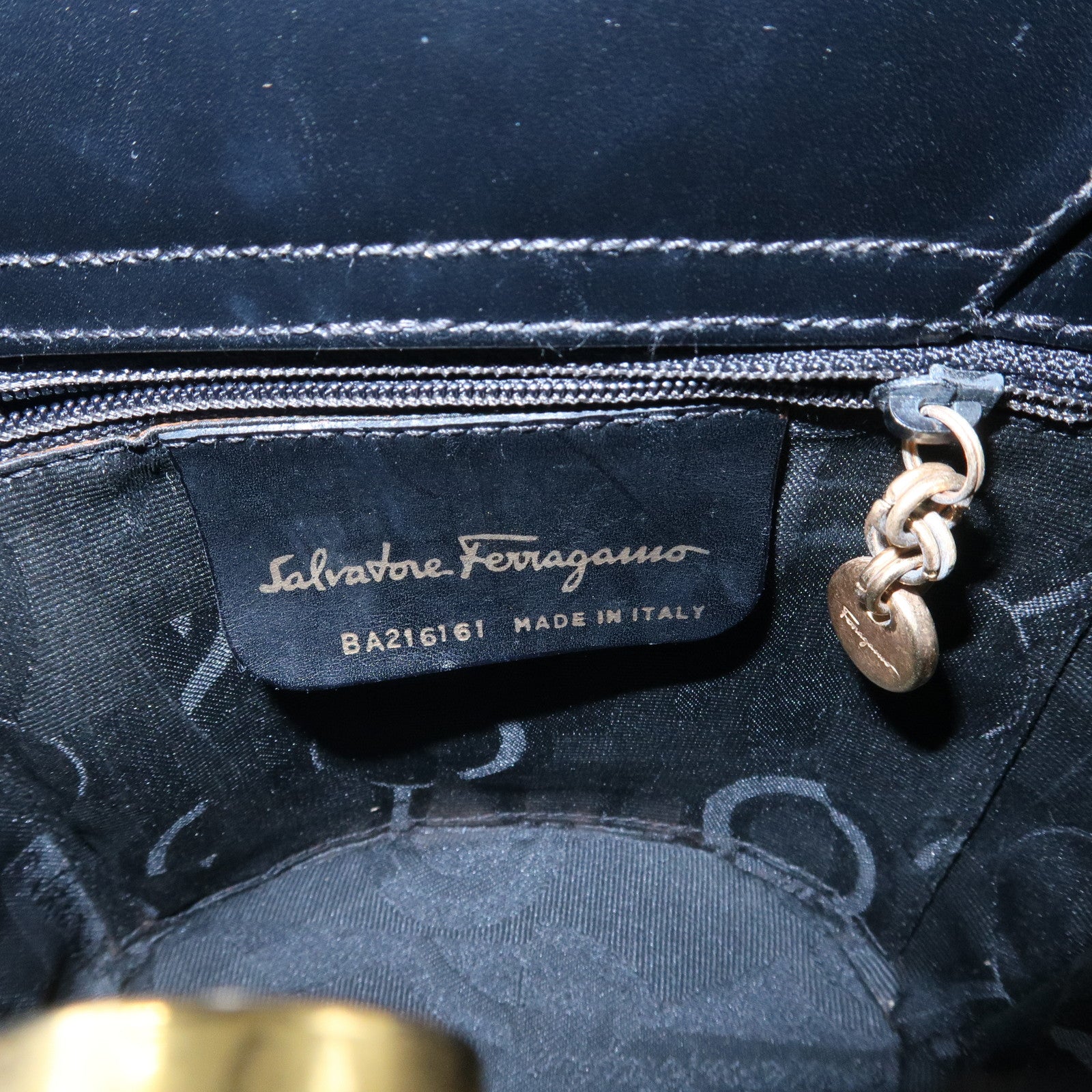 Ferragamo Vara Ribbon Leather Hand Bag Gold HDW Black Used