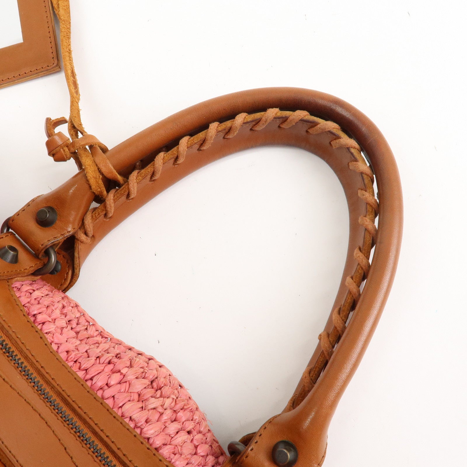BALENCIAGA Straw Tote Bag Shoulder Bag Brown Pink 236741 Used