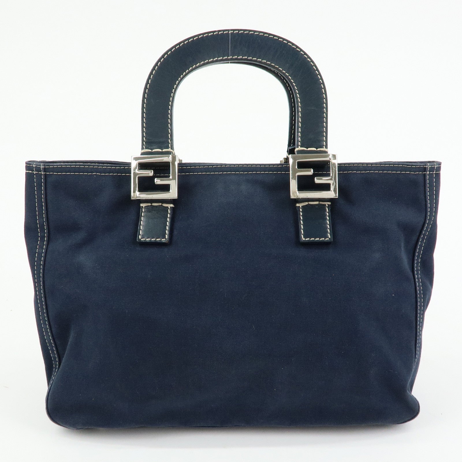 FENDI Canvas Leather Tote Bag Hand Bag Navy