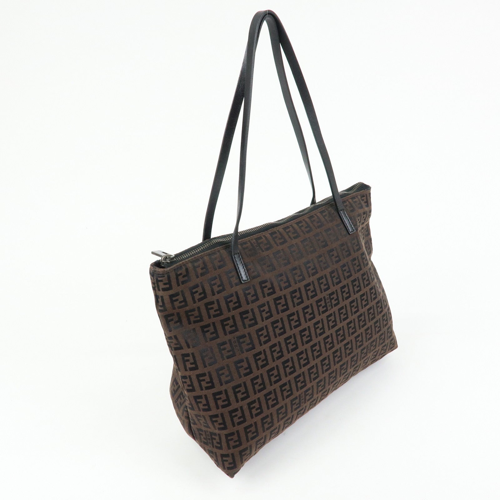 FENDI Zucchino Canvas Leather Tote Bag Shoulder Bag Brown 8BH023