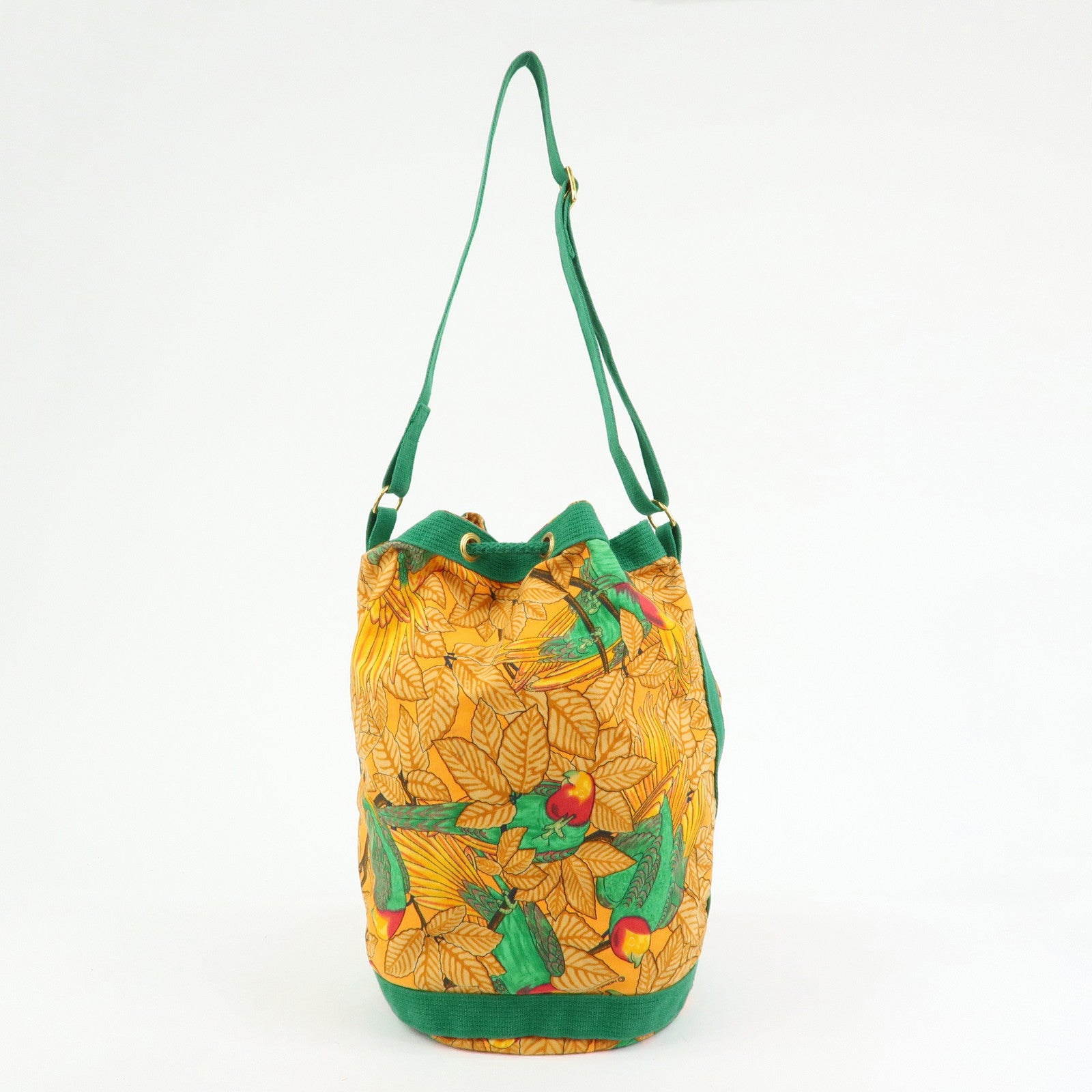 HERMES Canvas Drawstring Shoulder Bag Crossbody Bag Orange Green