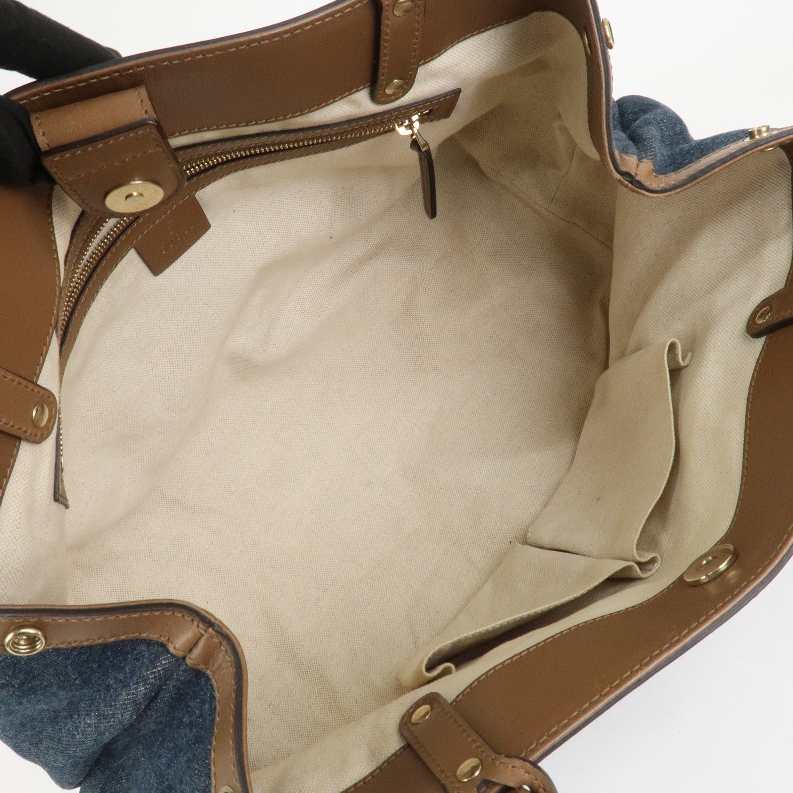 GUCCI Craft Denim Leather Tote Bag Hand Bag Navy Brown 348715