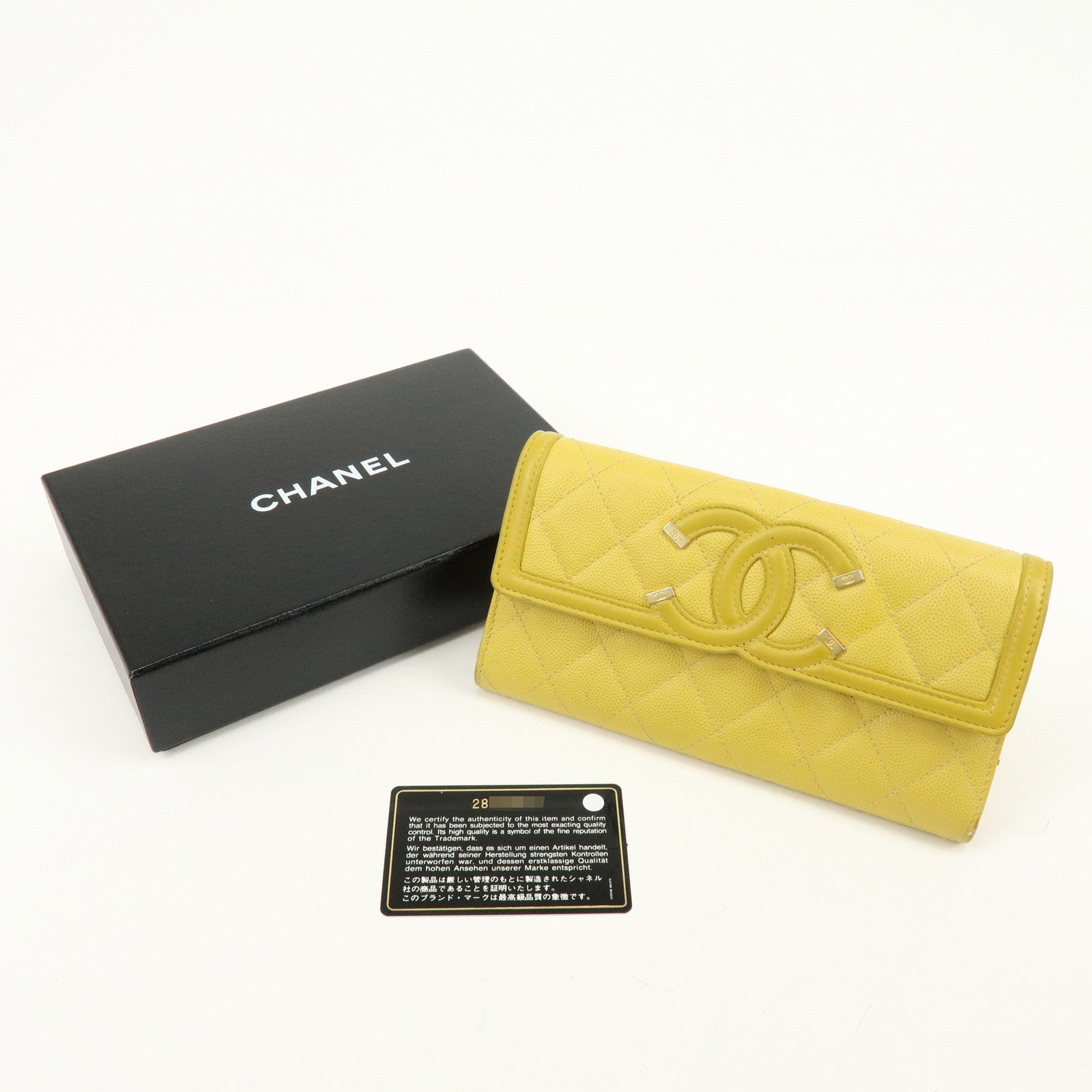CHANEL CC Filigree Caviarskin Leather Long Wallet Yellow A84448