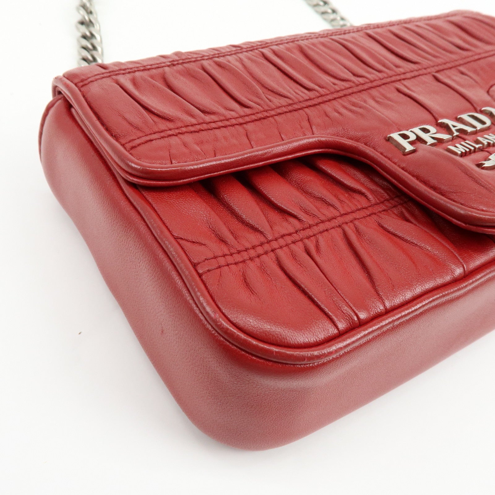 PRADA Nappa Goatskin Leather Chain Shoulder Bag Red 1BD140