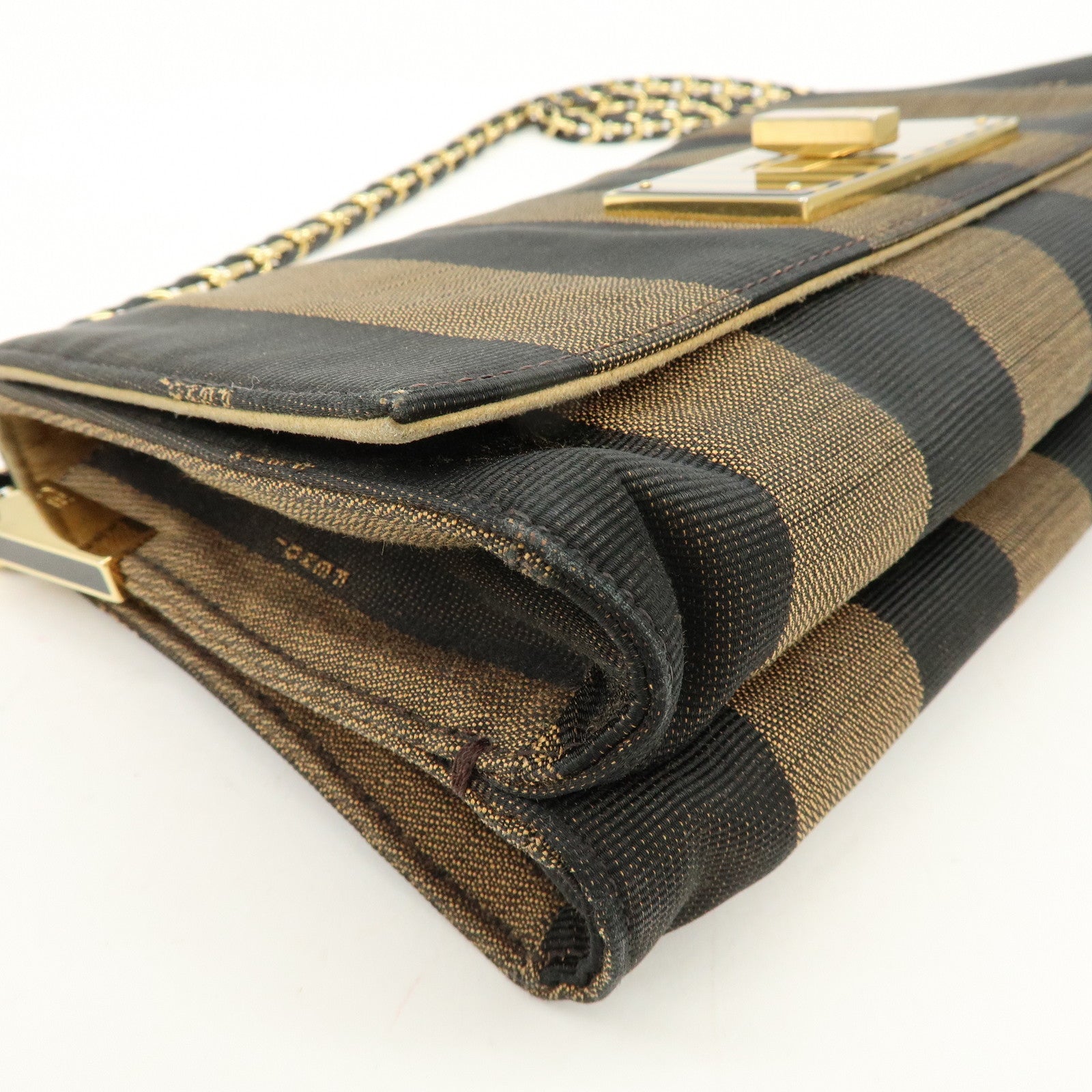 FENDI Pequin Canvas Leather Shoulder Bag Brown Black 8BT204