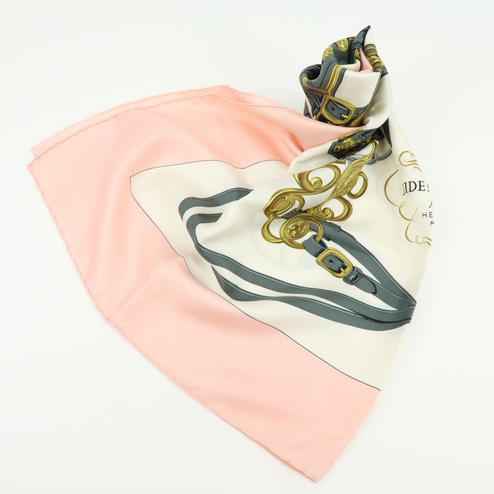 HERMES Carre 90 Silk 100% BRIDES DE GALA Scarf Light Pink White