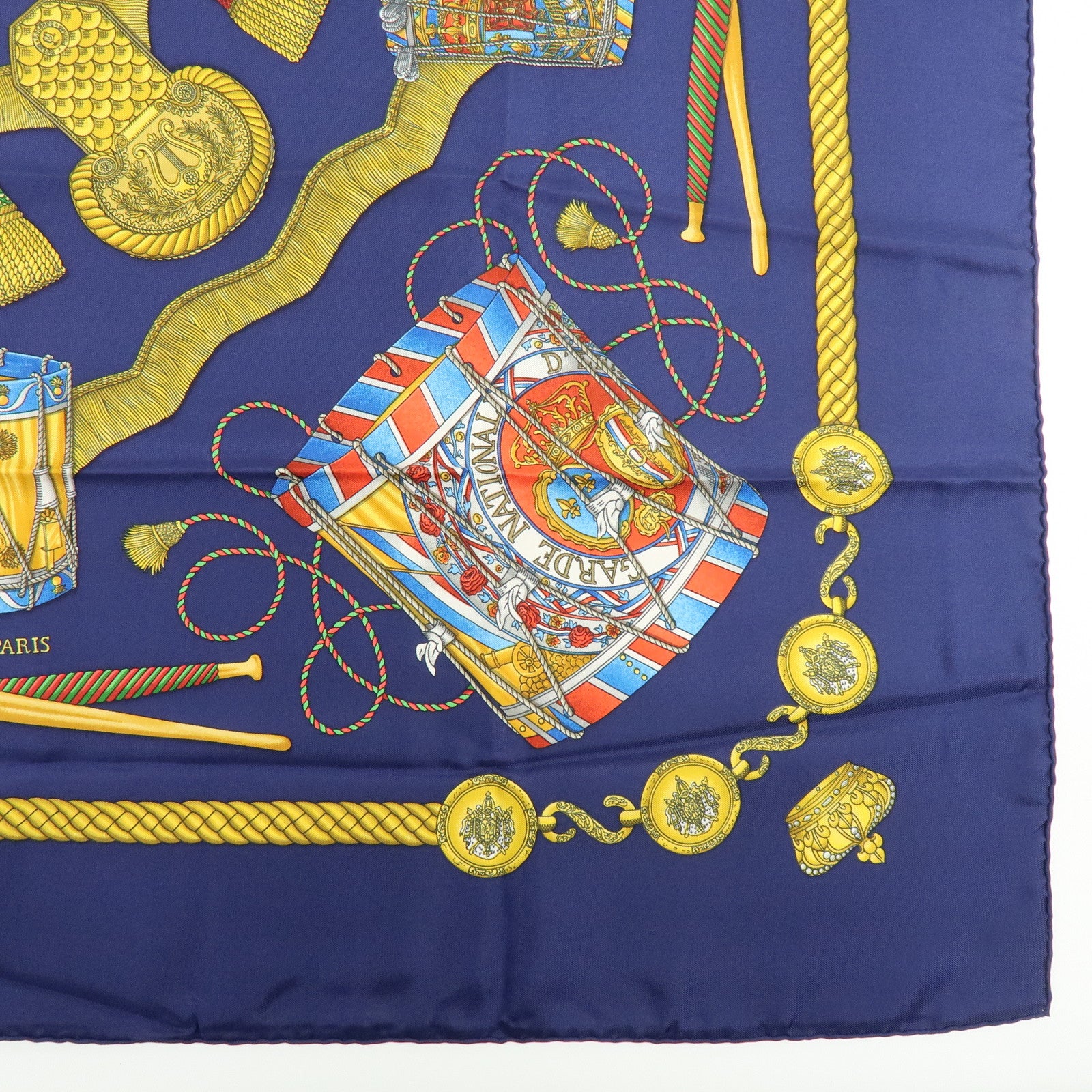 HERMES Carre 90 Silk 100% LES TAMBOURS Scarf Navy Gold