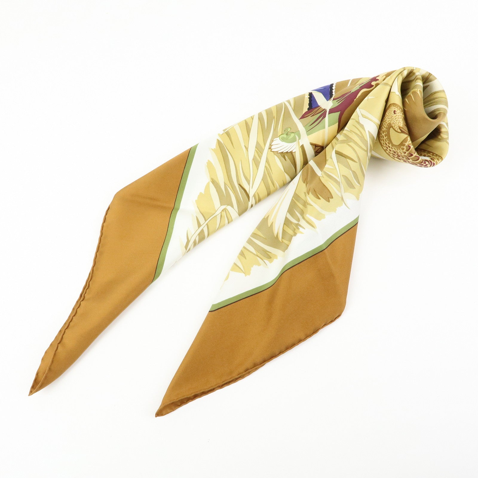 HERMES Carre 90 Silk 100% COLS VERTS Scarf Beige Brown