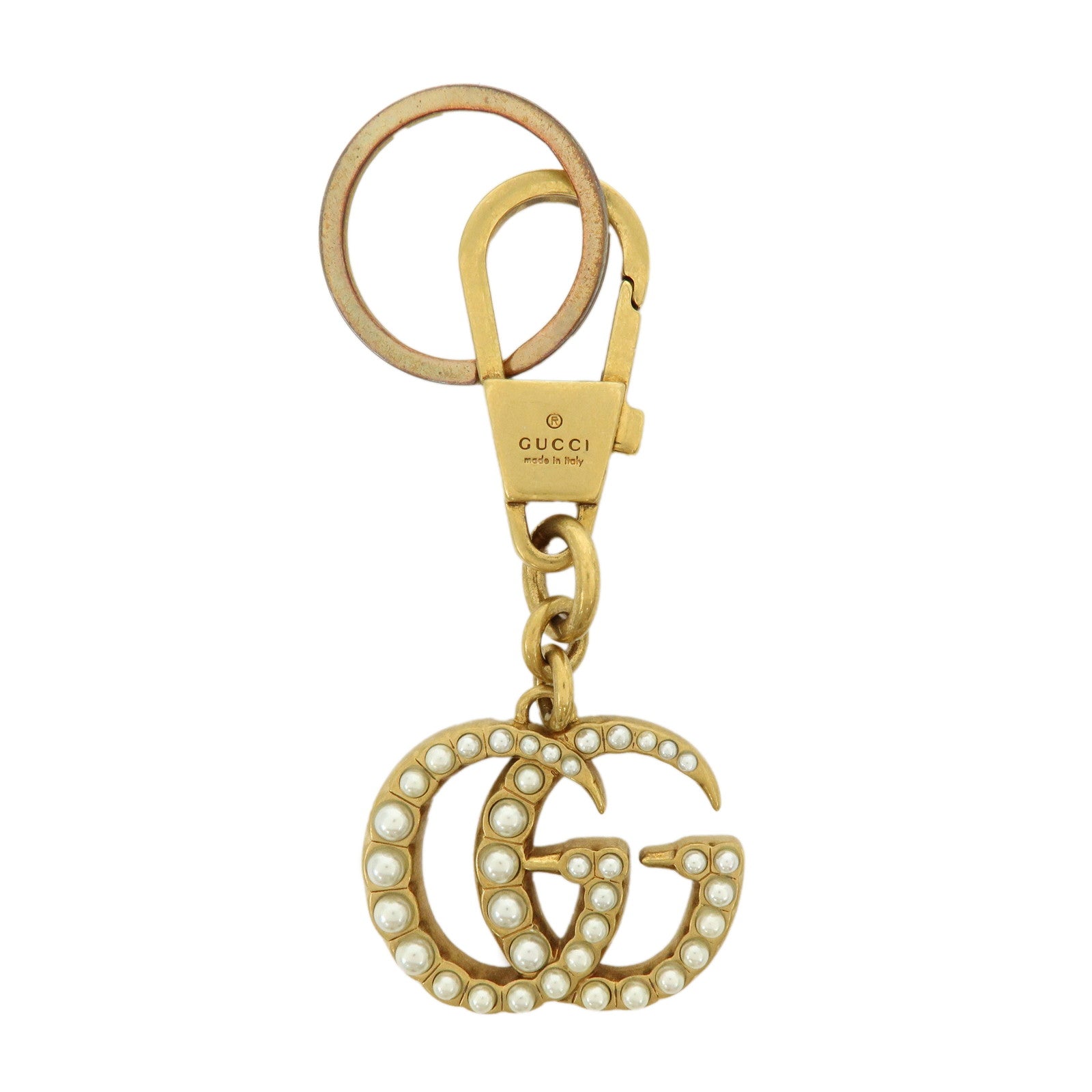 GUCCI GG Marmont Double G Metal Faux Pearl Bag Charm Gold 476428