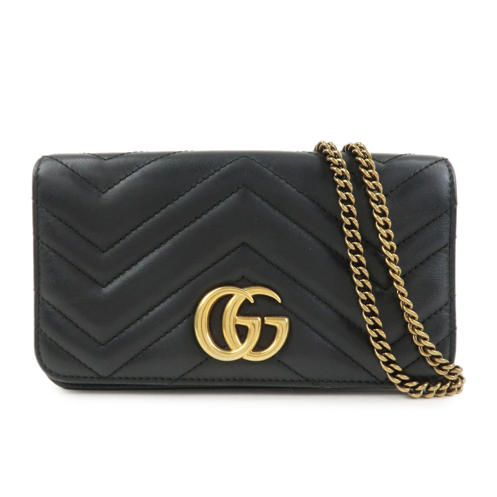 GUCCI GG Marmont Leather Chain Shoulder Bag Black Gold 488426