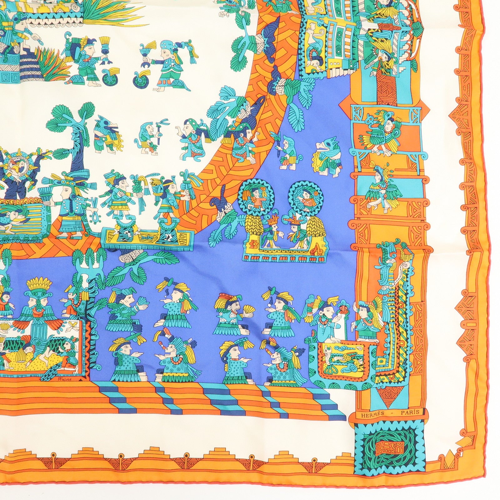 HERMES Carre 90 Silk 100% Scarf ASTRES ET SOLEILS Orange Green Blue