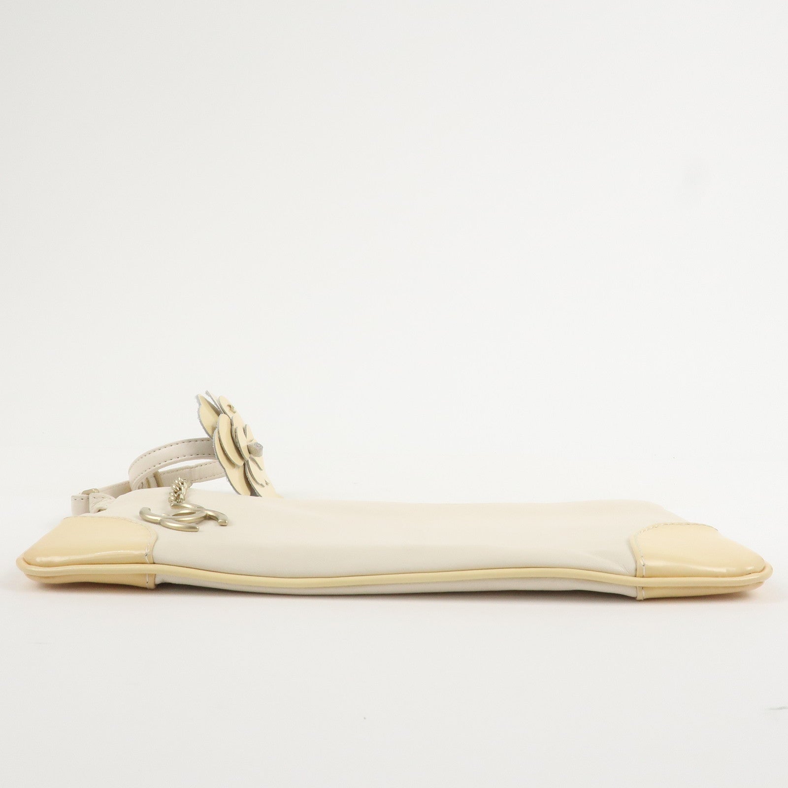 CHANEL Camellia Leather Patent Leather Clutch Bag Wrist Bag Ivory