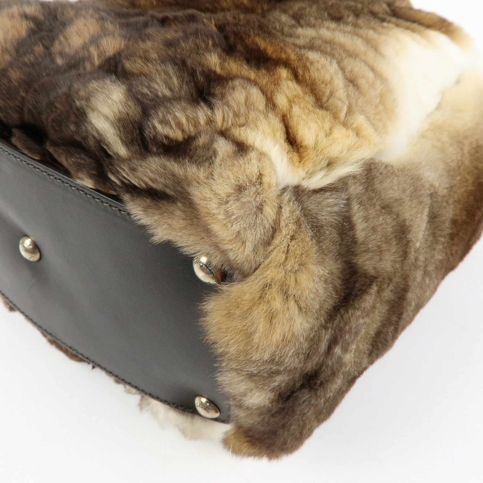 Ferragamo Gancini Rabbit Fur Leather Hand Bag Tote Bag Brown