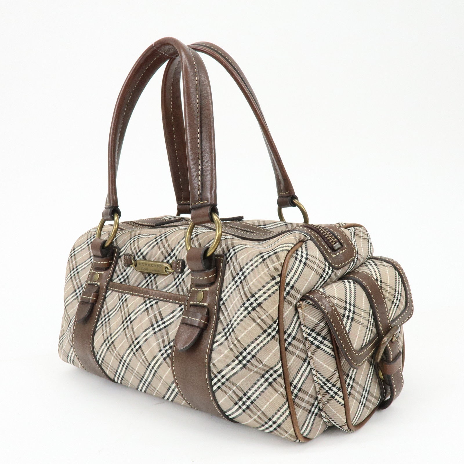 BURBERRY Blue Label Canvas Leather Plaid Hand Bag Boston Bag Brown