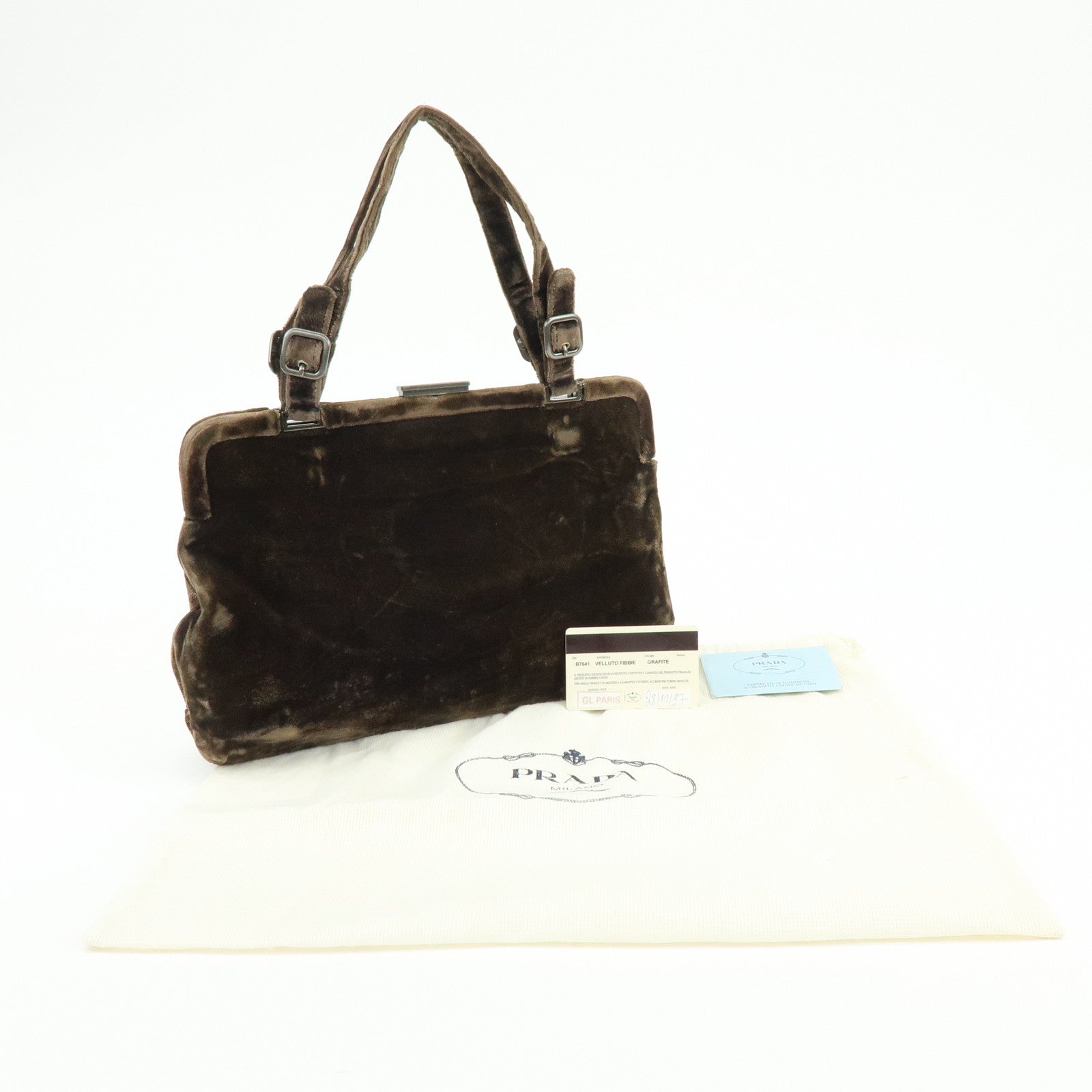 PRADA Logo Velour Hand Bag Brown B7641