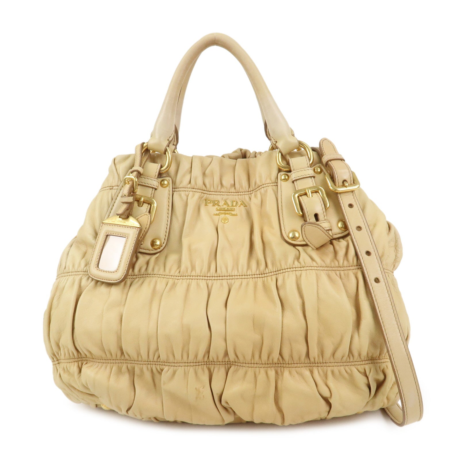 PRADA Nappa Gaufre Leather Gathered 2Way Bag Hand Bag Beige BN1336