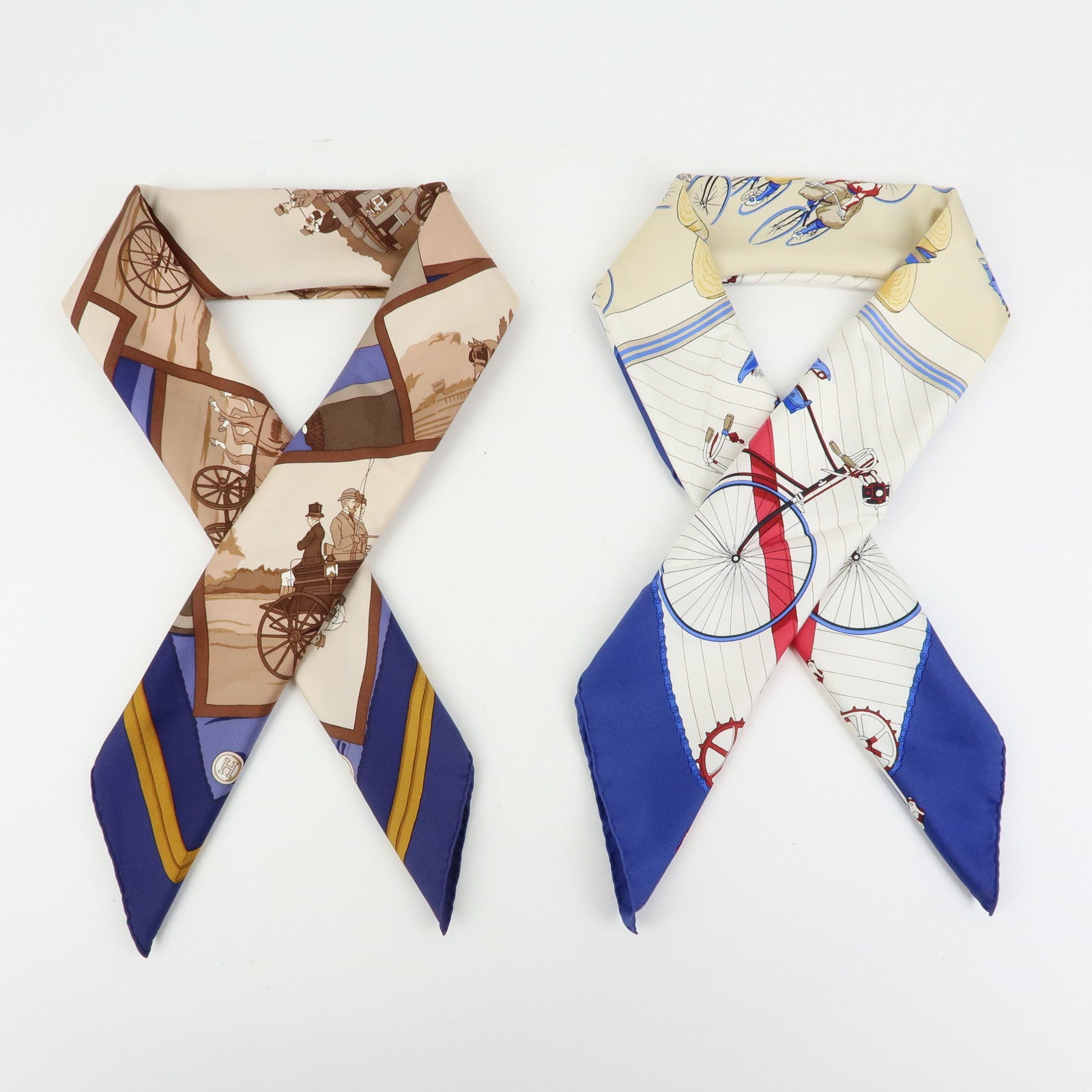 HERMES Carre 90 Set of 2 Silk 100% Scarf Navy Beige Brown