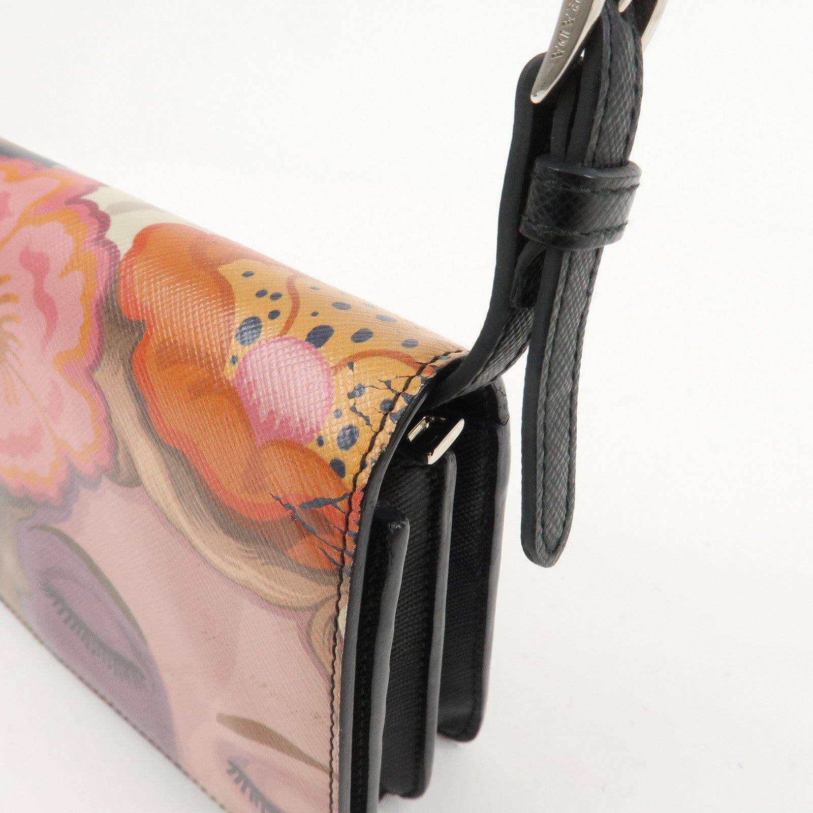 PRADA Flower Print Saffiano Leather Shoulder Bag Hand Bag Black