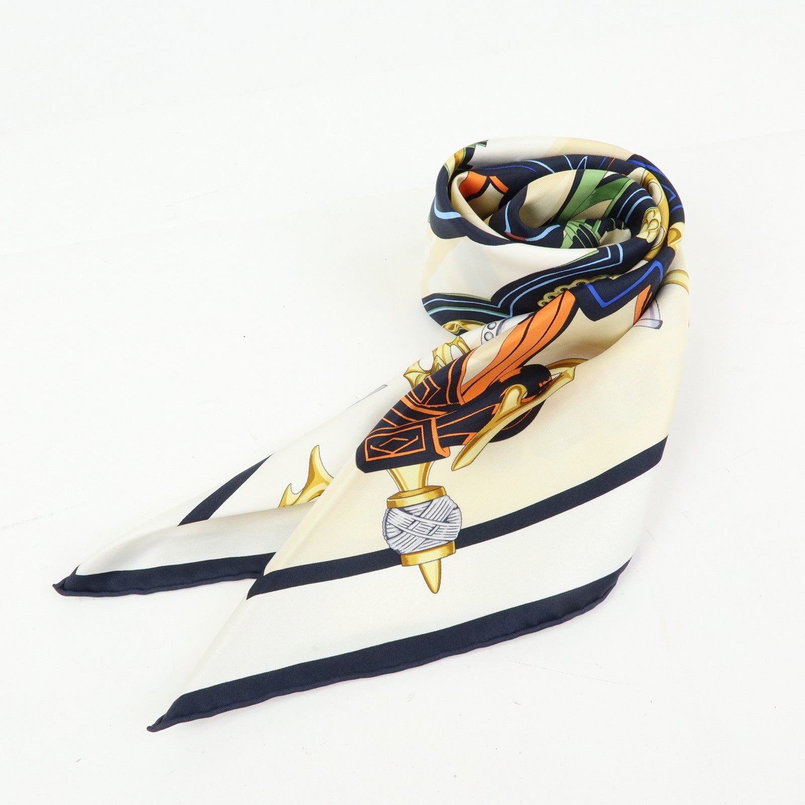HERMES Carre 90 Silk 100% Scarf BRIDES ET DESTIN Beige Black Gold