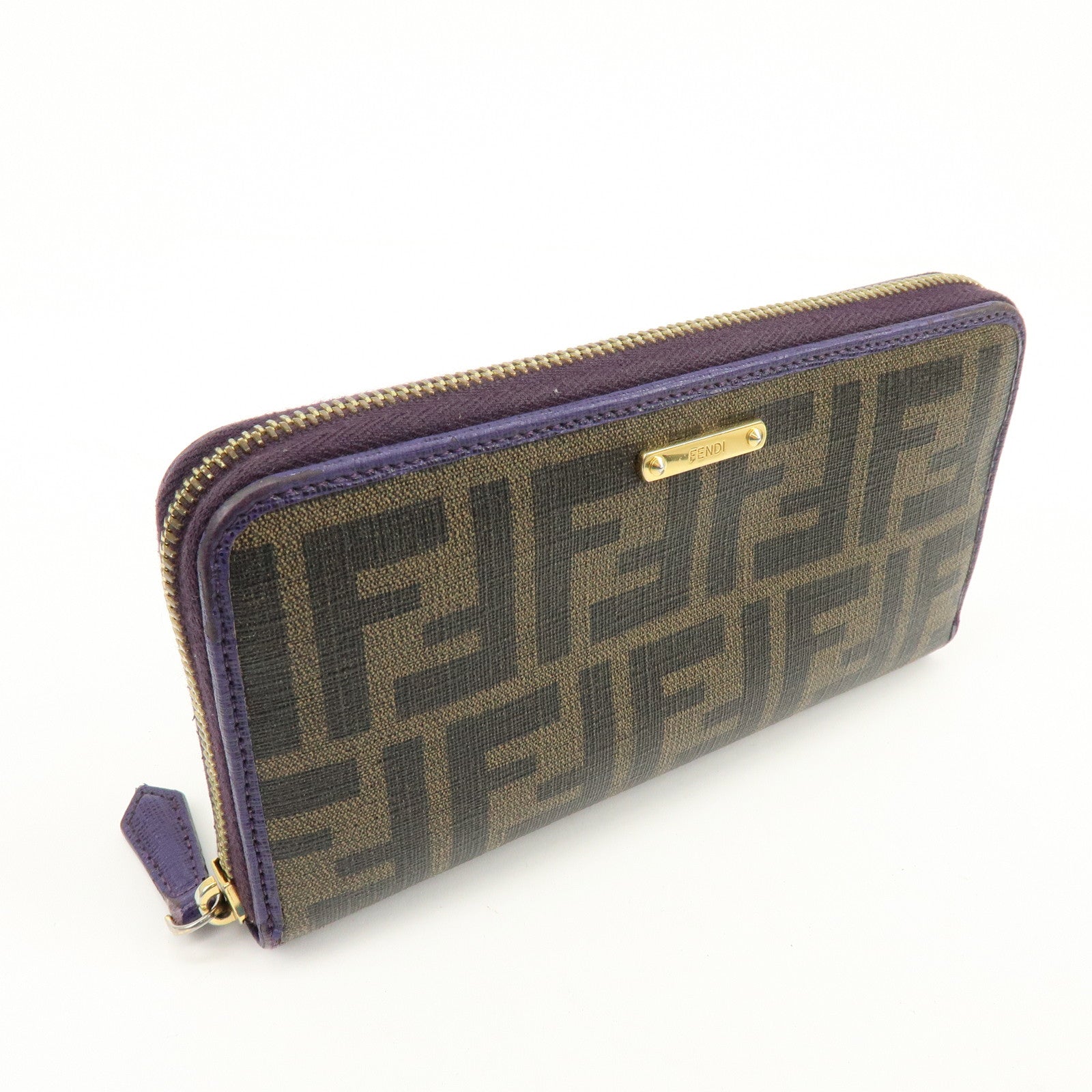 FENDI Zucca PVC Coated Canvas Leather Wallet Brown Purple 8M0899