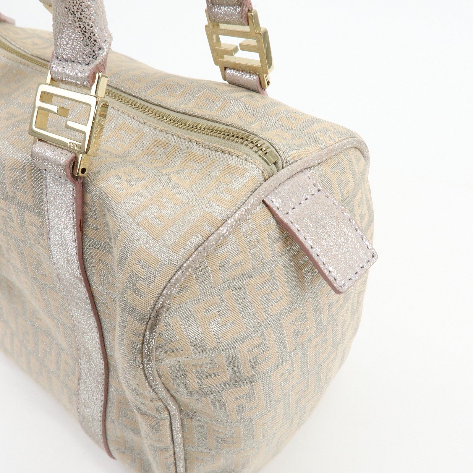 FENDI Zucchino Canvas Leather Mini Boston Bag Silver Beige 8BL068