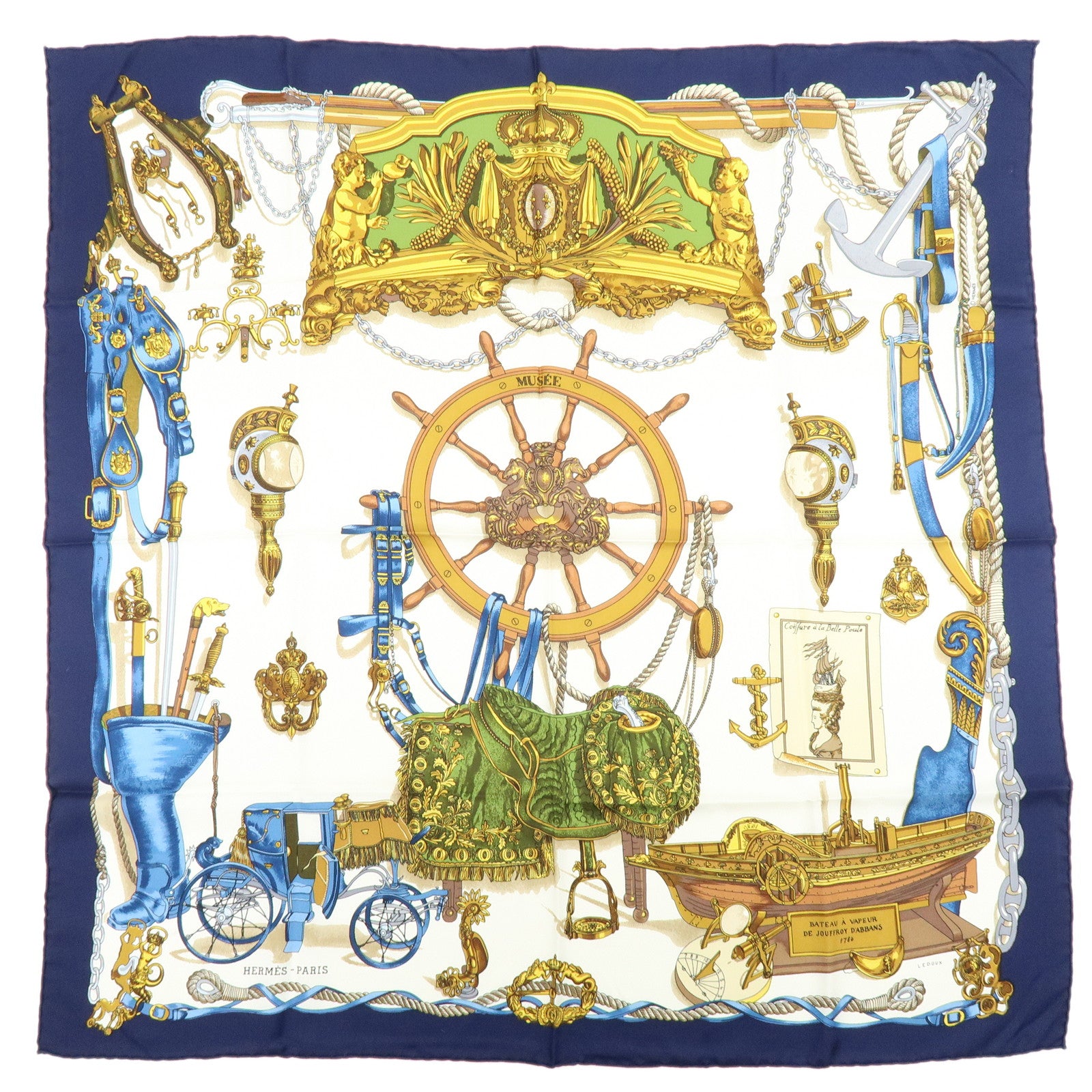 HERMES Carre 90 Silk 100% Scarf MUSEE Navy Ivory