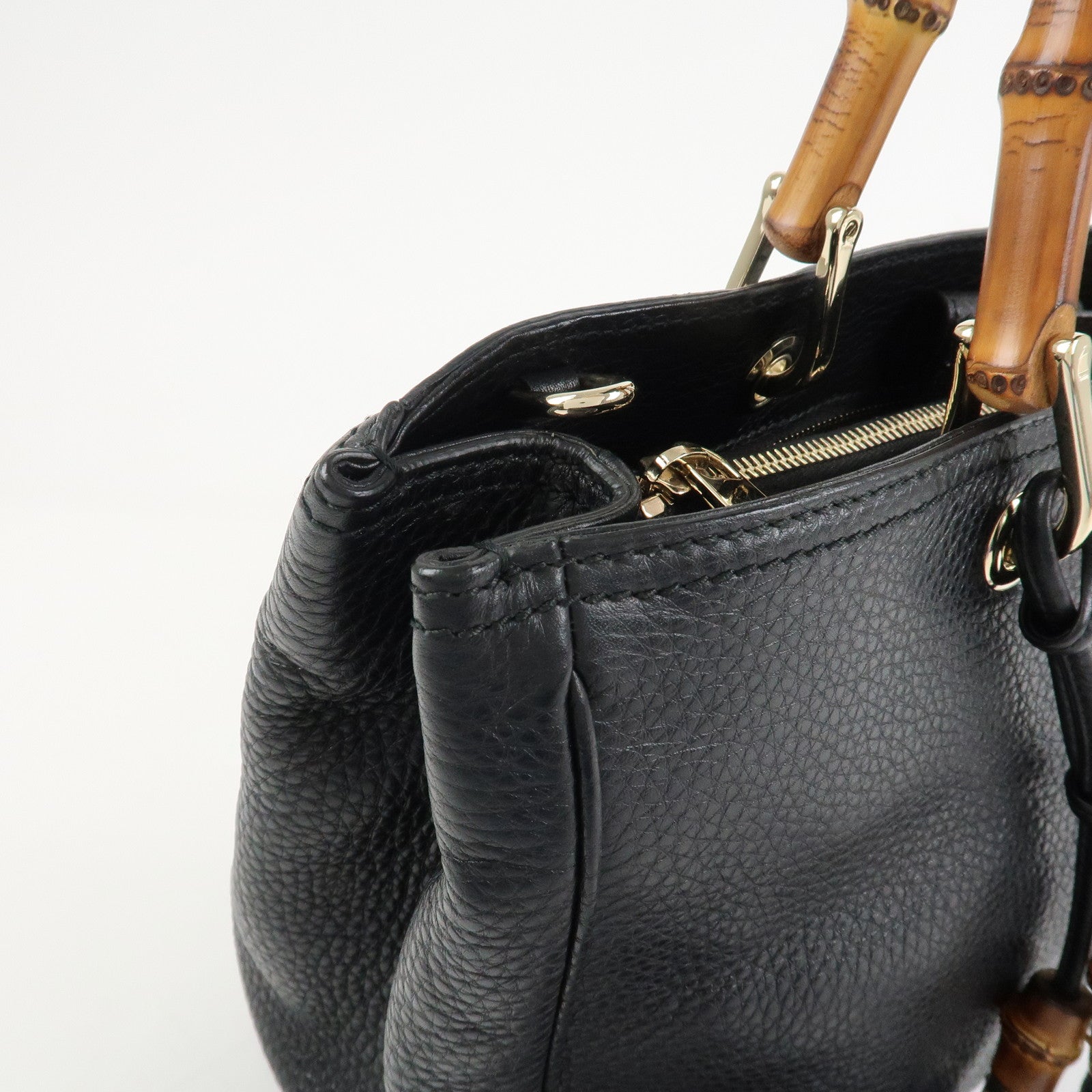 GUCCI Bamboo Leather 2WAY Shopper Medium Tote Bag Black 323660