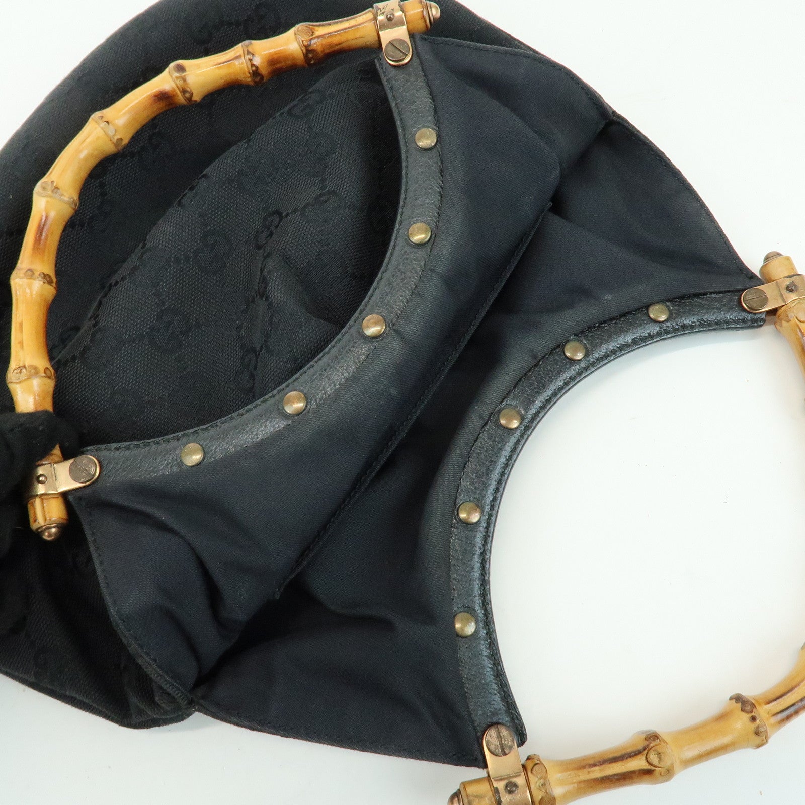 GUCCI Bamboo GG Canvas Leather Hand Bag Shoulder Bag Black 124297