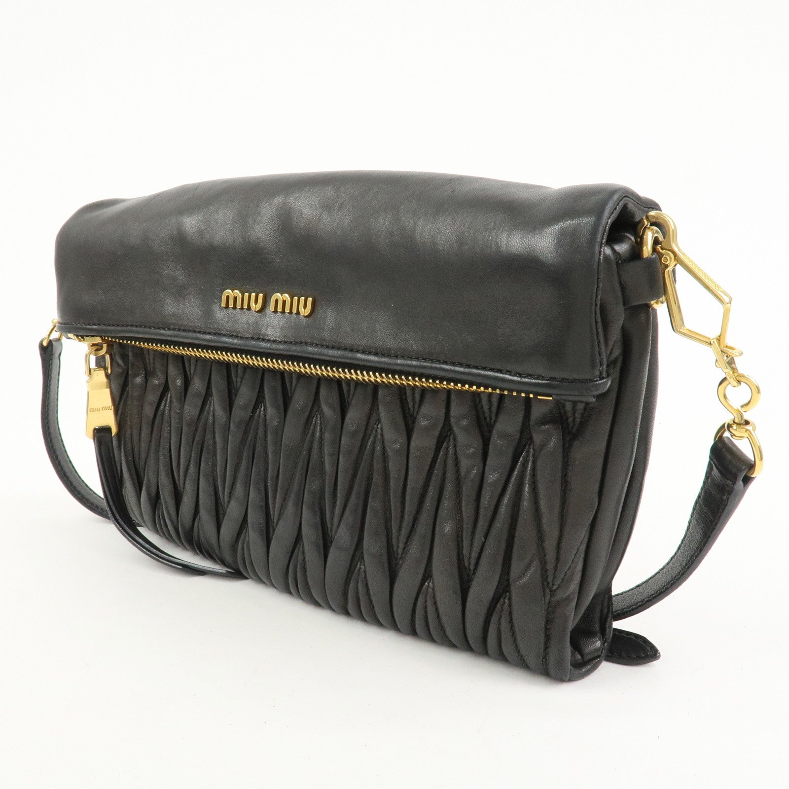 MIU MIU Matelasse Logo Leather Shoulder Bag Black RP0385