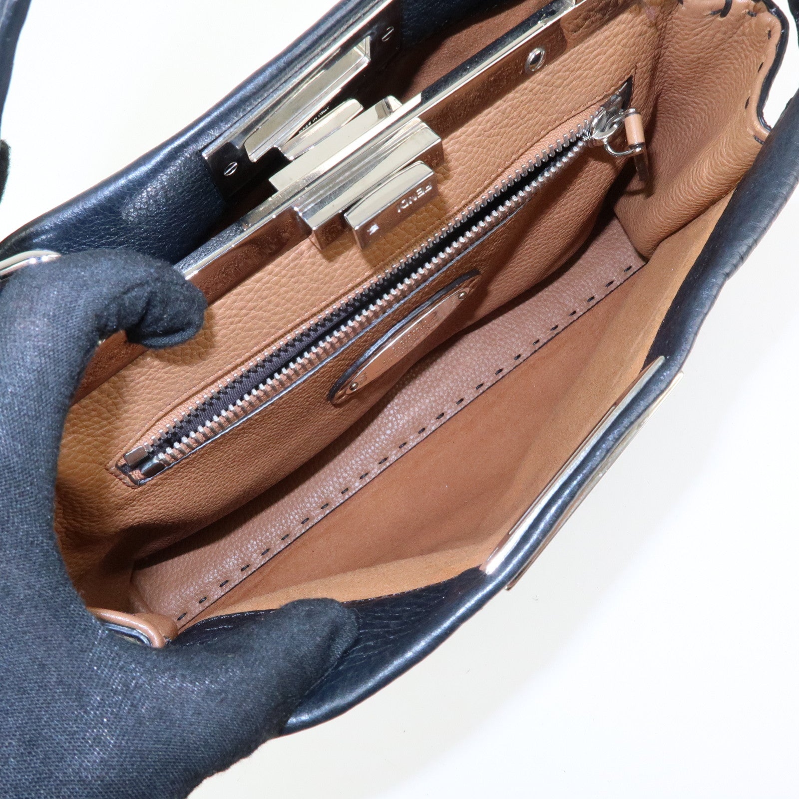 FENDI Peekaboo Selleria Leather 2Way Hand Shoulder Bag Black 8BN290