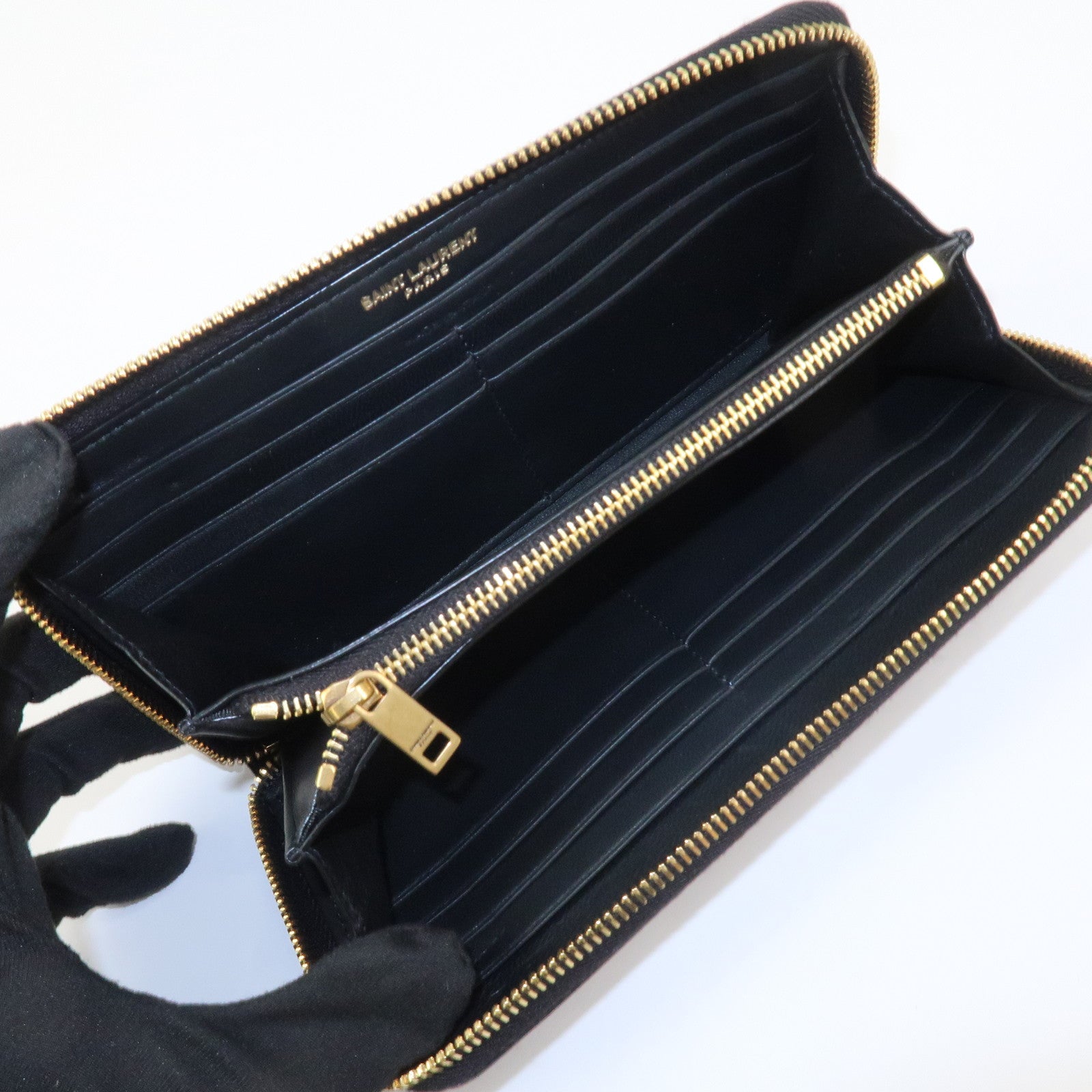 SAINT LAURENT Logo Emboss Leather Zippy Long Wallet Black