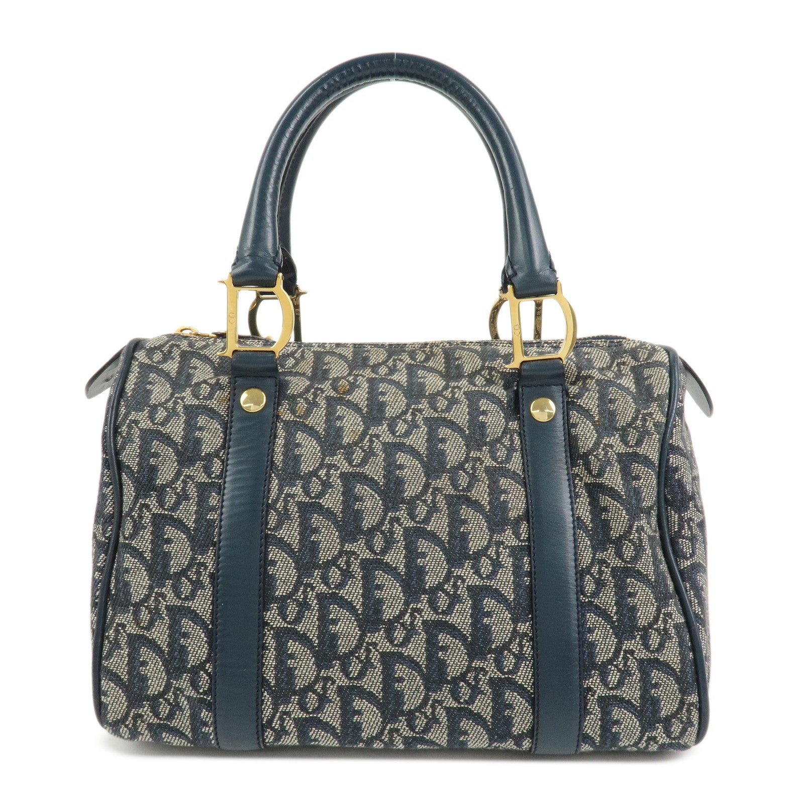 Christian Dior Oblique Canvas Leather Boston Bag Hand Bag Navy