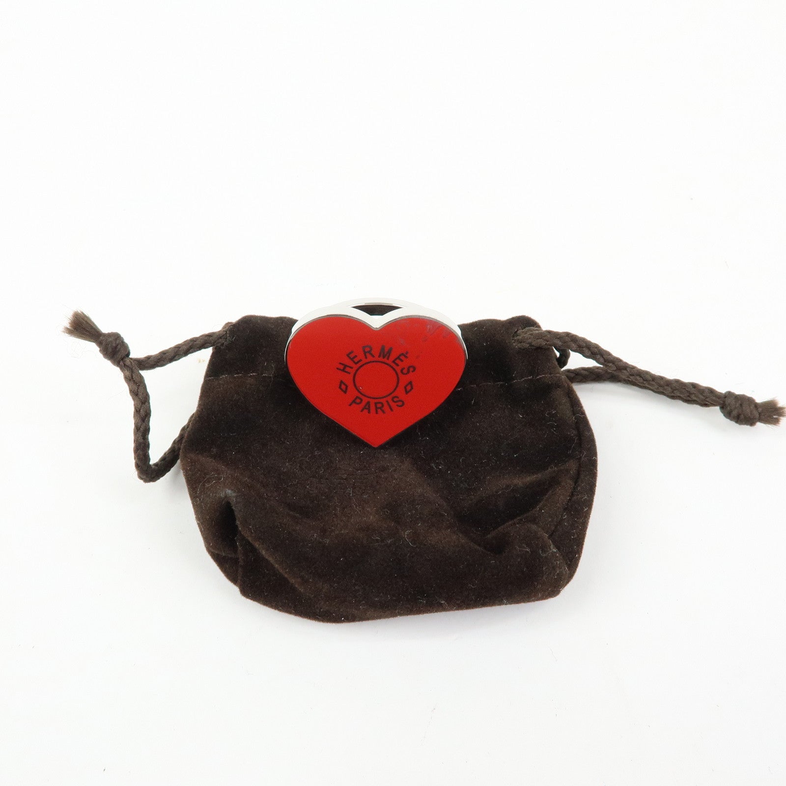 HERMES Coeur Laque Lacquered Heart Metal Scarf Ring Red Silver
