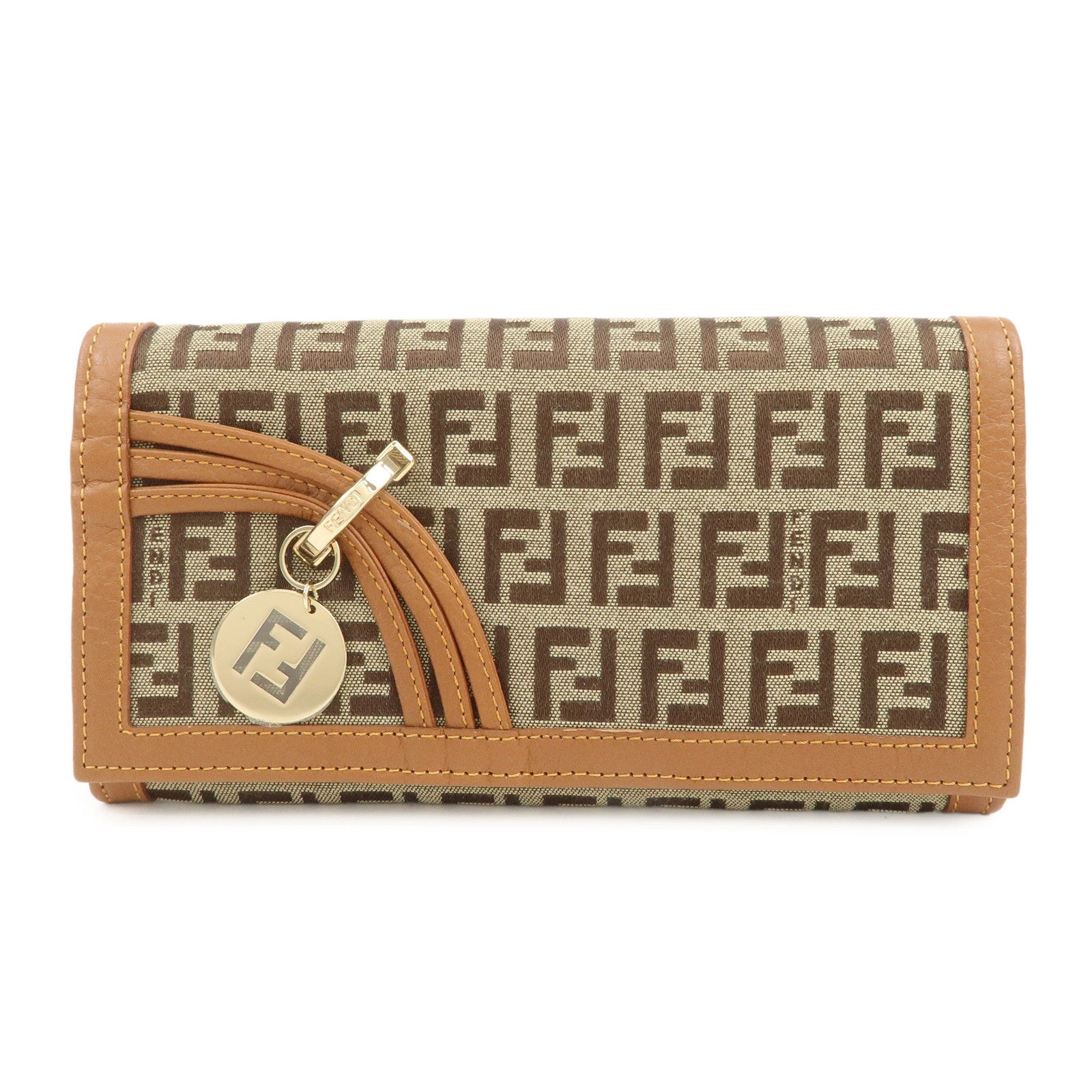 FENDI Zucchino Canvas Long Flap Wallet Camel 8M0179