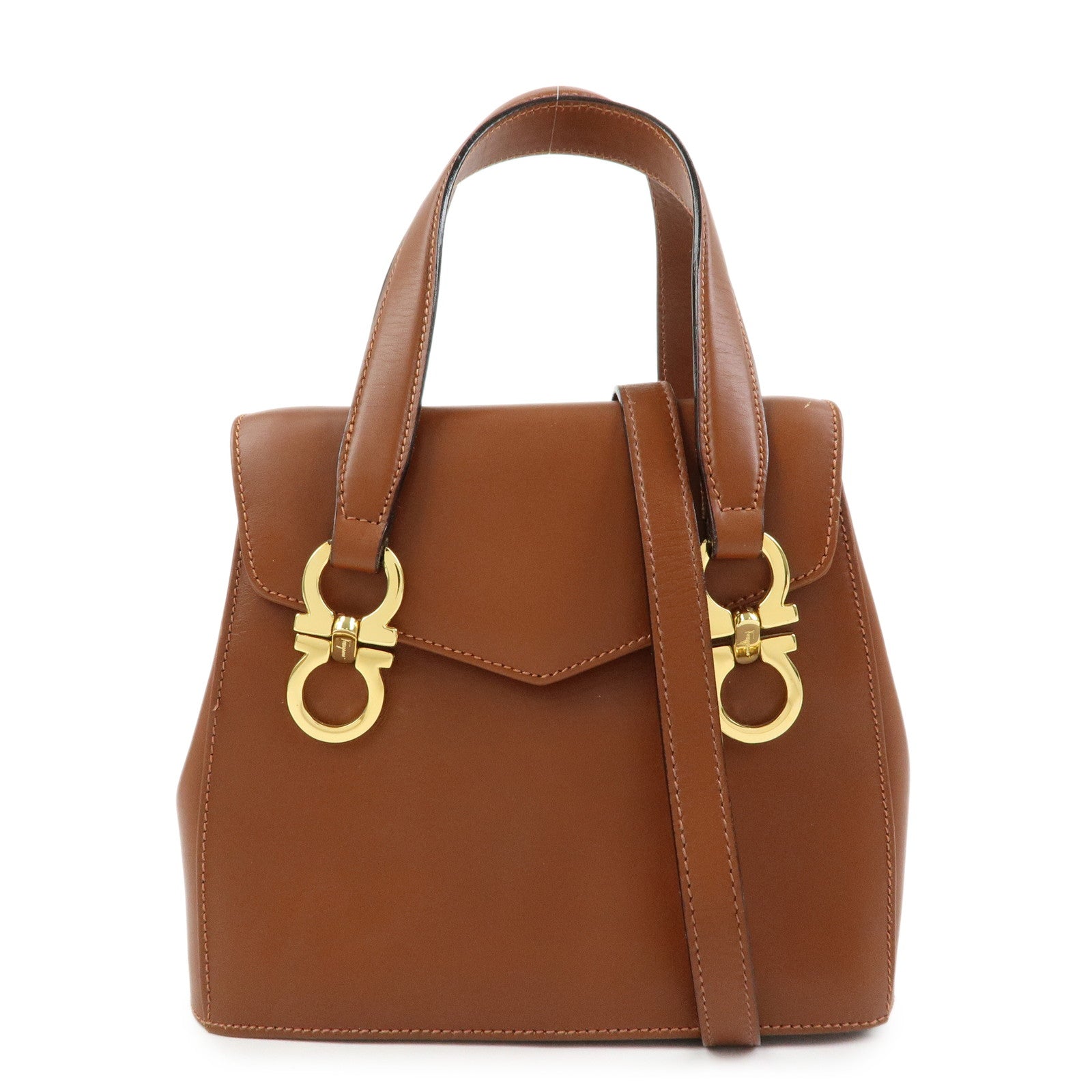 Ferragamo Gancini Leather 2Way Bag Hand Bag Shoulder Bag Brown