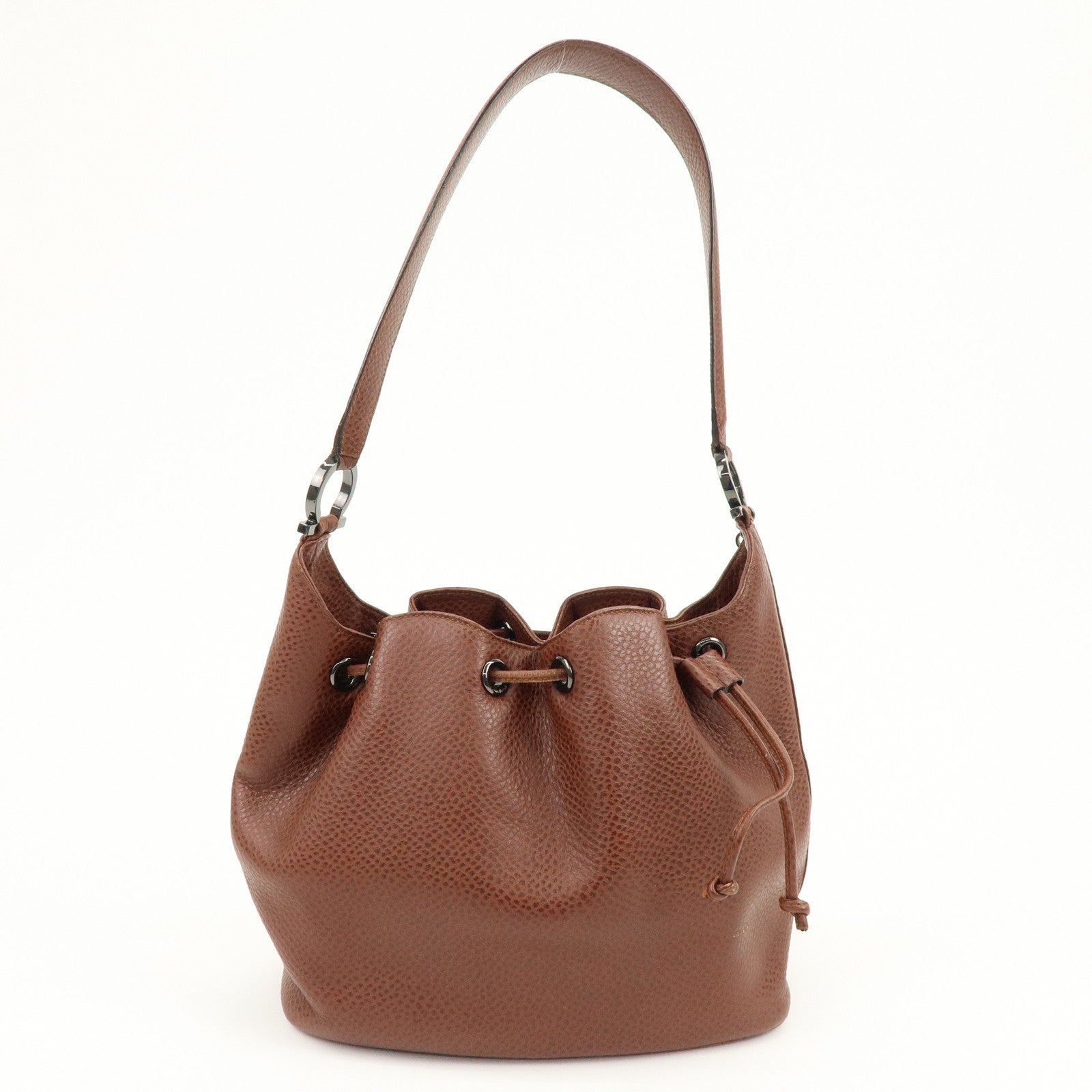 Ferragamo Gancini Leather Drawstring Bag Shoulder Bag Brown