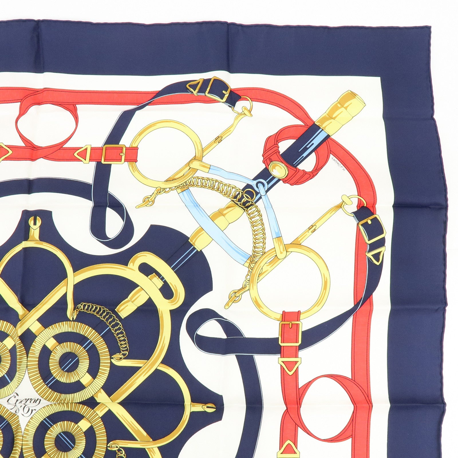 HERMES Carre 90 Silk 100% Scarf Eperon d'or Navy White Yellow Red
