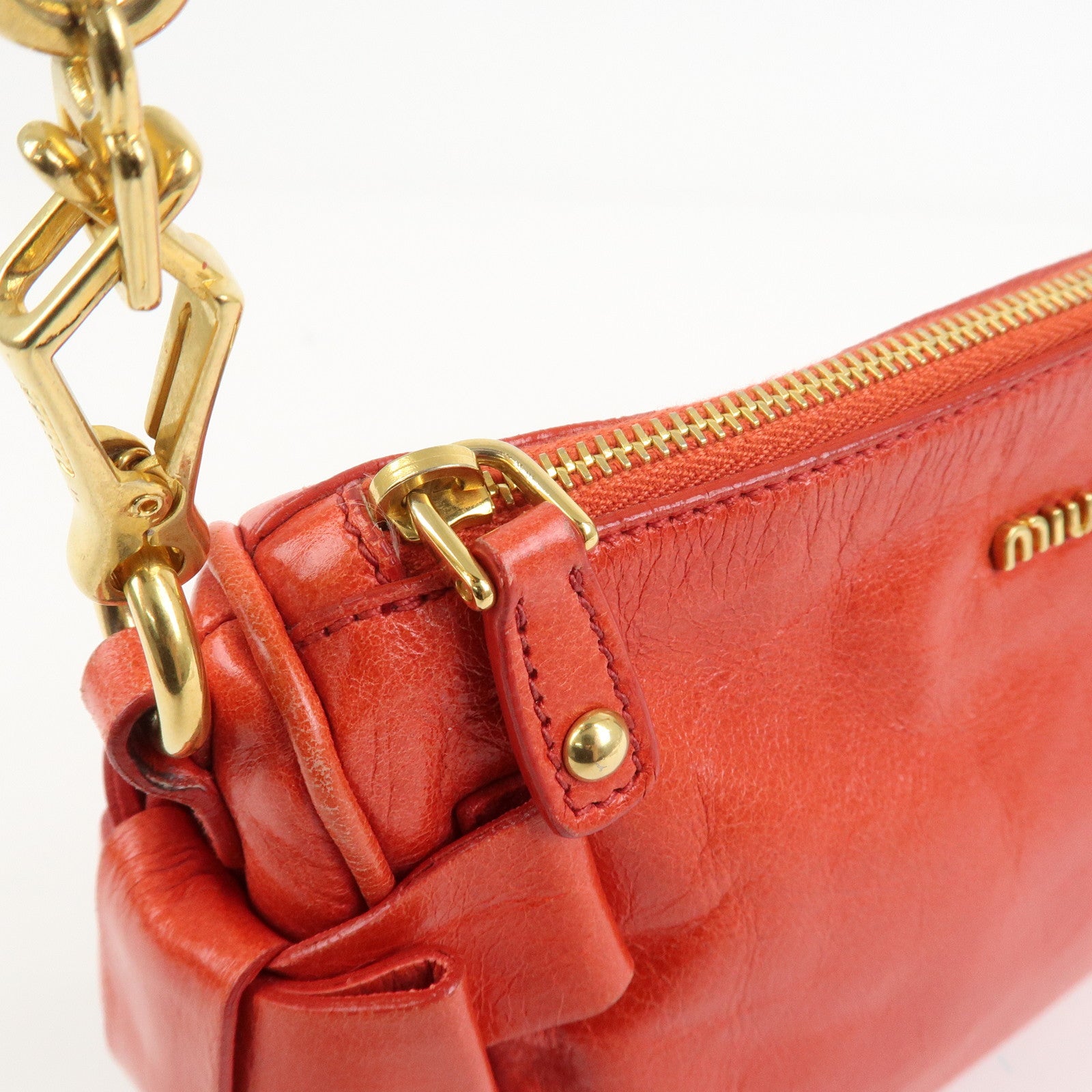 MIU MIU Side Ribbon Leather Mini Shoulder Bag Hand Bag Red 5N1557