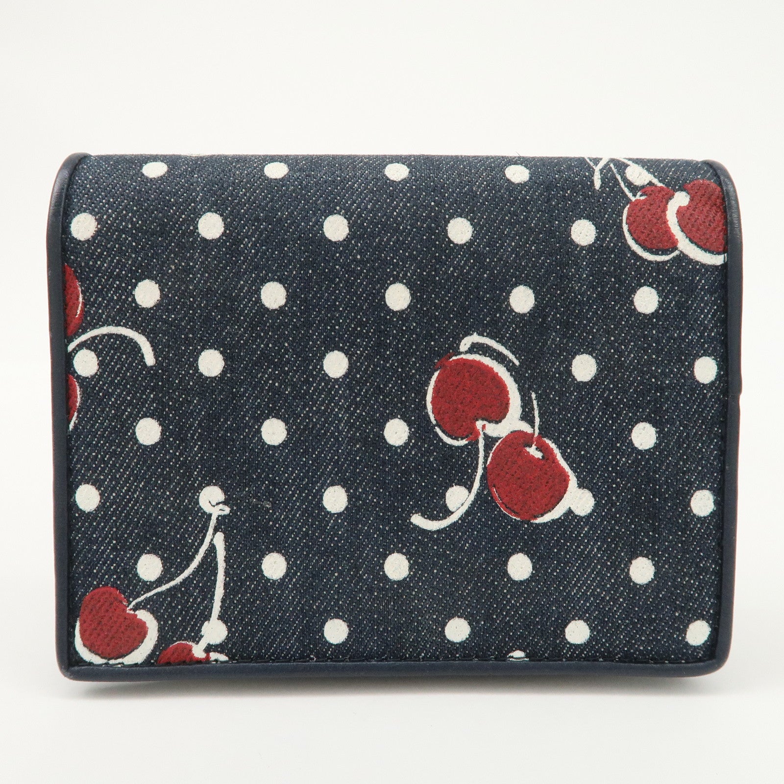 MIU MIU Cherry Denim Leather Bifold Compact Wallet Navy Red Used