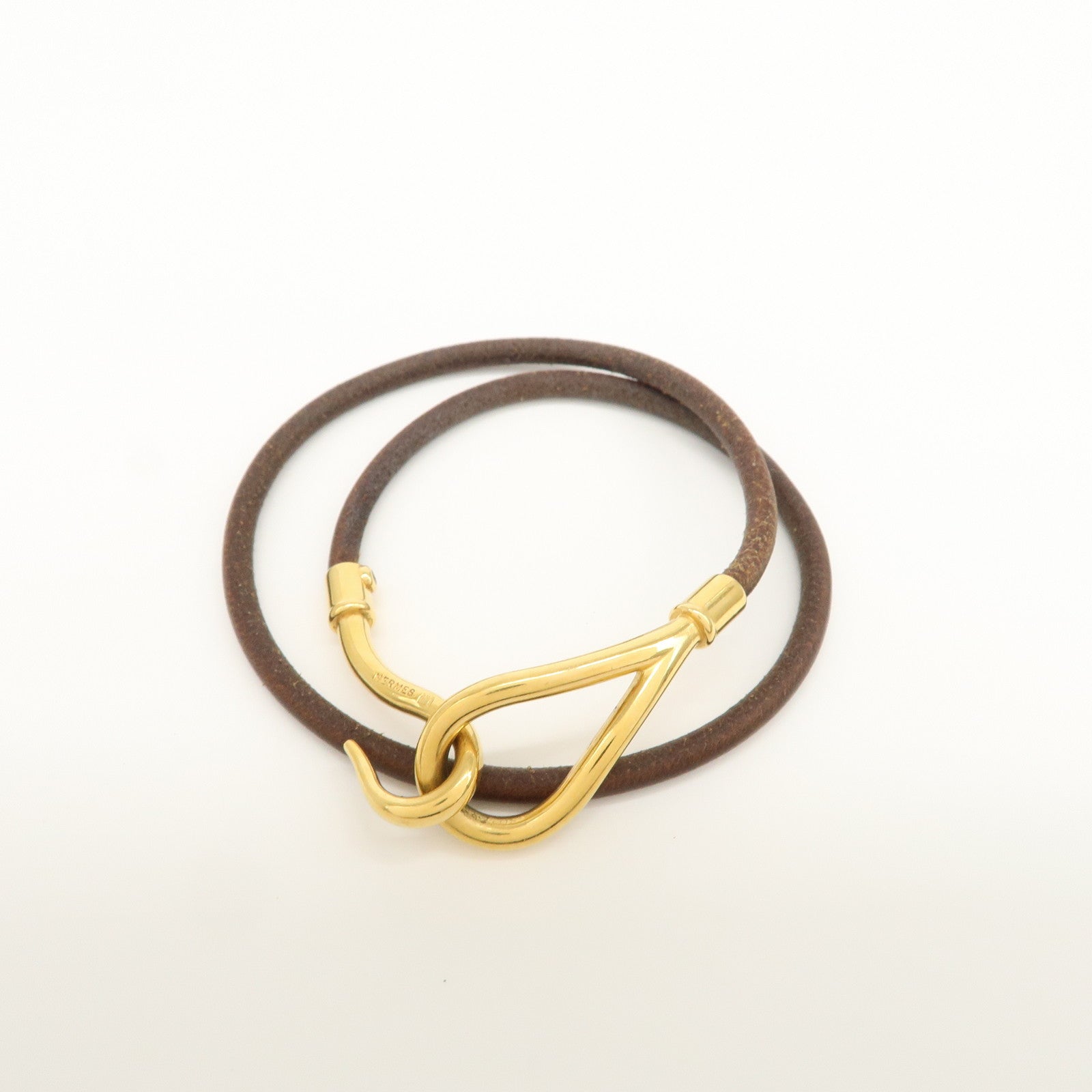 HERMES Logo Leather Metal Jumbo Choker Bracelet Brown