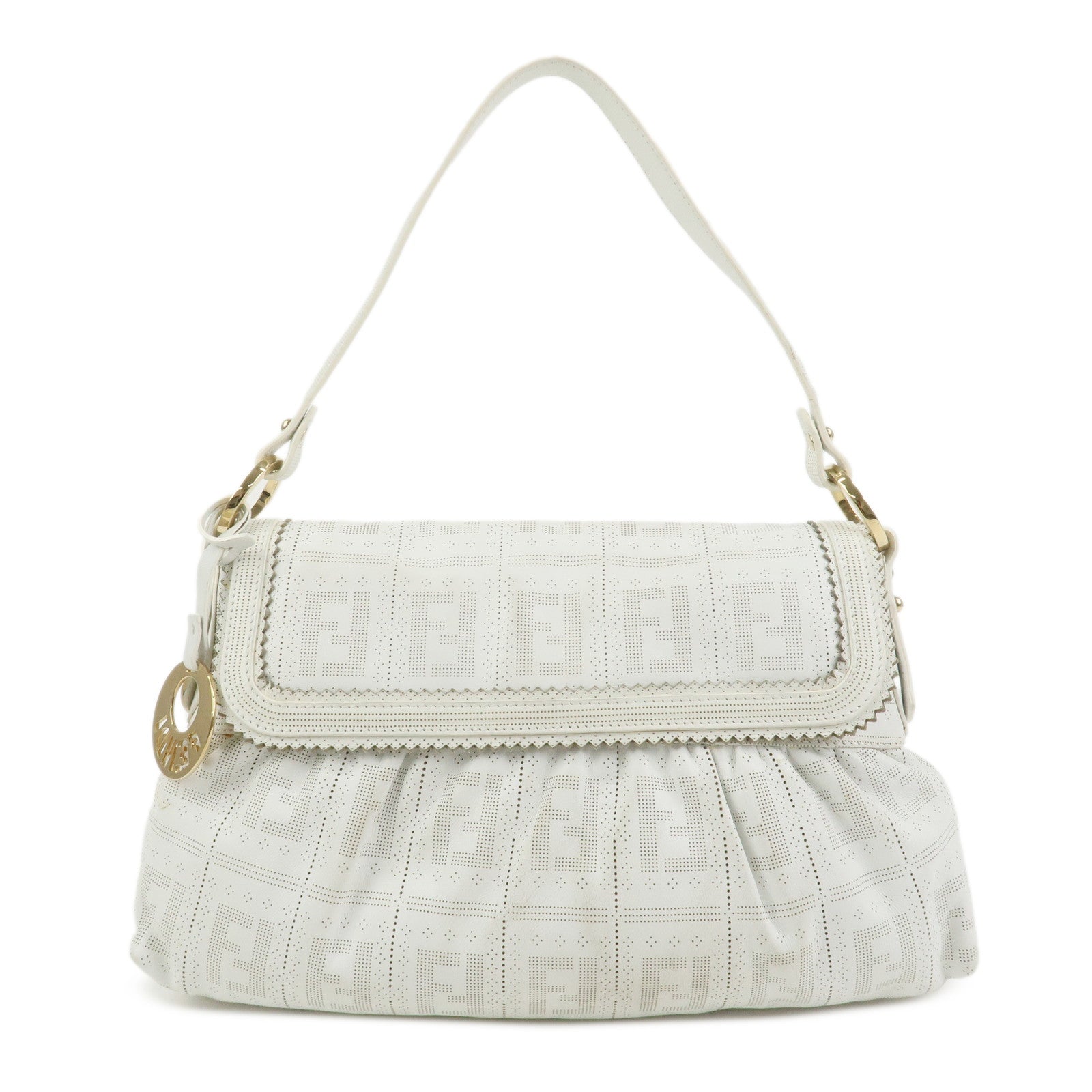 FENDI Zucca Logo Leather Shoulder Bag Hand Bag White 8BR445