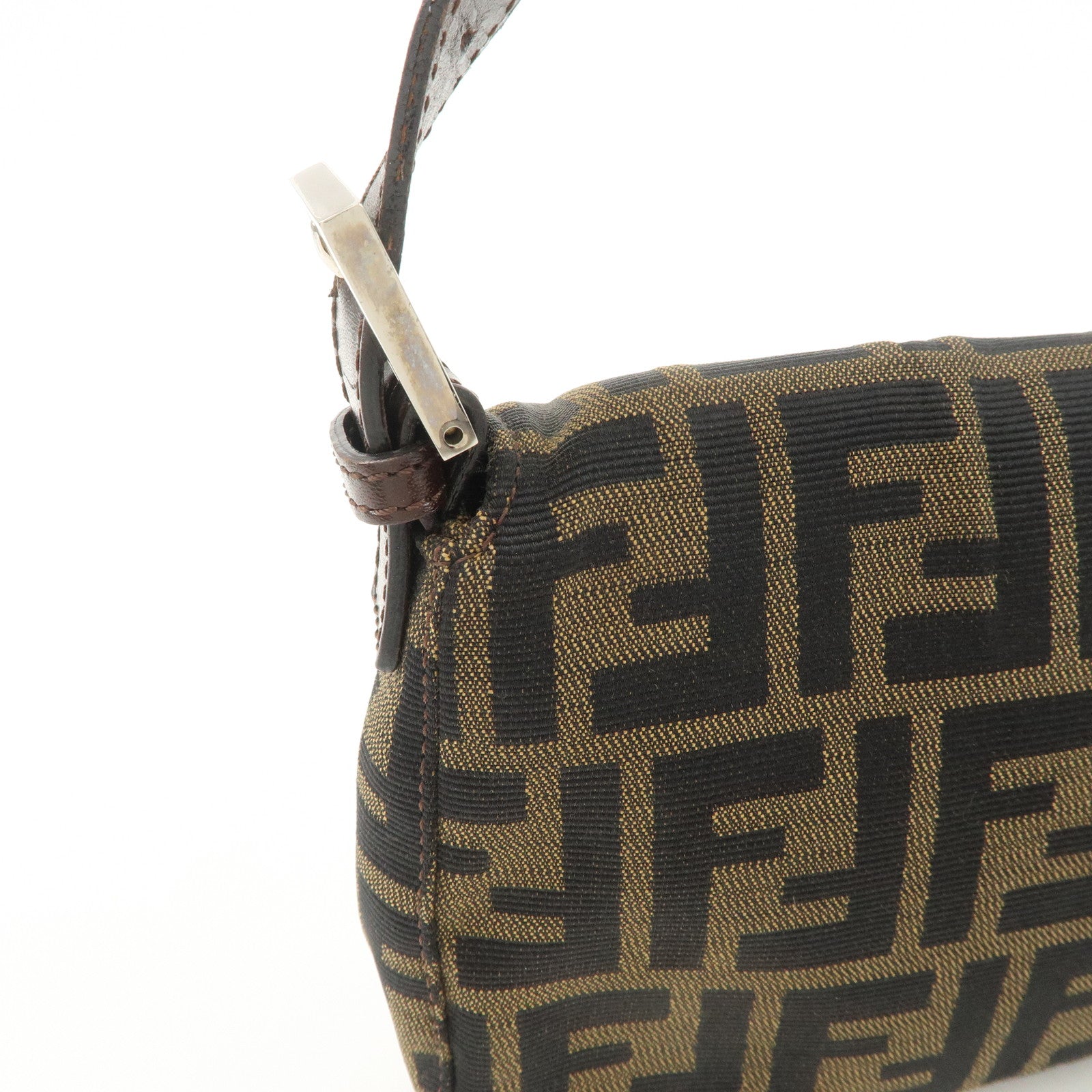 FENDI Mamma Baguette Zucca Canvas Leather Shoulder Bag Black Brown 26424