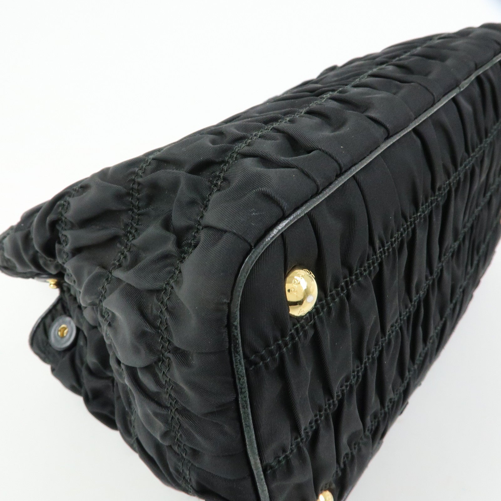 PRADA Nylon Leather Gathered Tote Bag Hand Bag Black