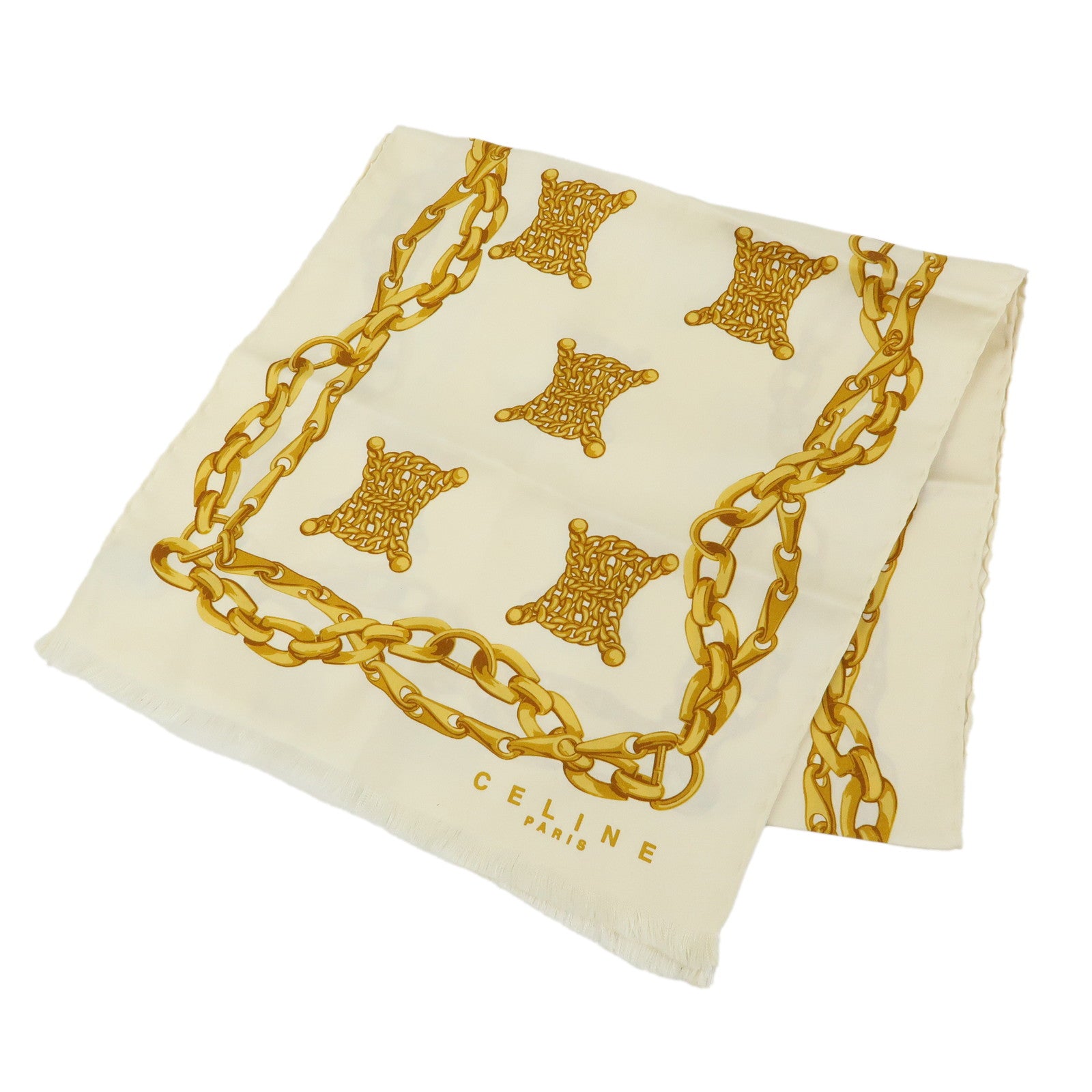 CELINE Macadam Chain Patten Silk 100% Scarf Ivory Gold