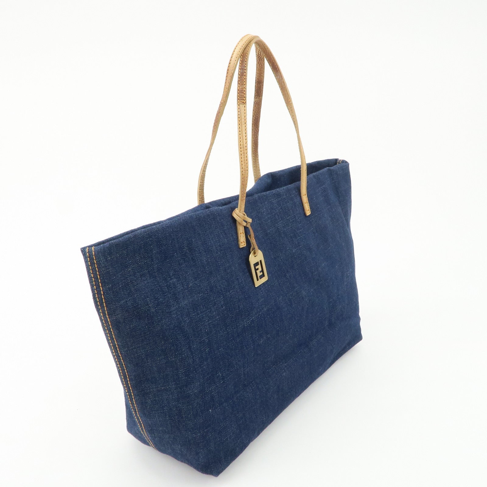 FENDI Denim Tote Bag Hand Bag Logo Charm Navy
