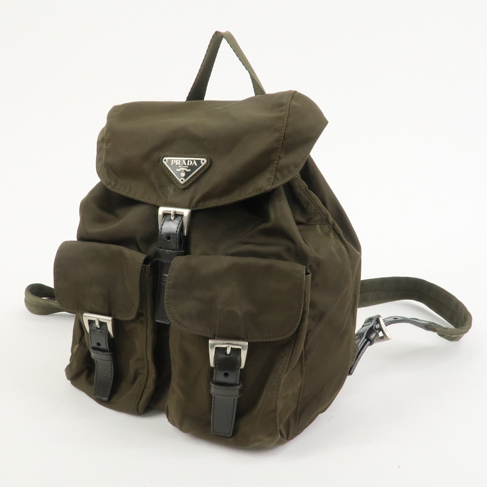 PRADA Triangle Logo Nylon Leather Backpack Rucksack Khaki B6677