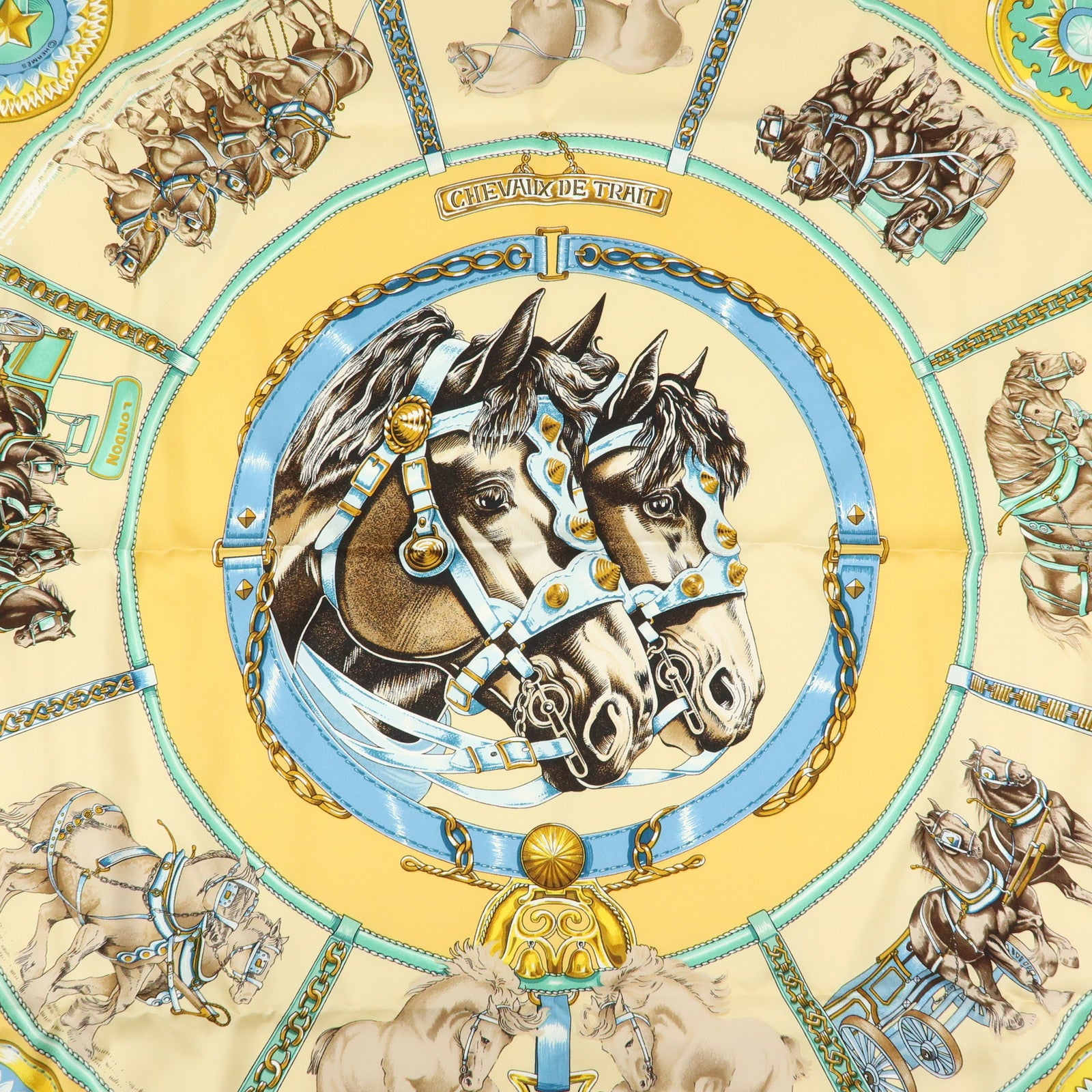 HERMES Carre 90 Silk 100% Scarf CHEVAUX DE TRAIT Light Blue Yellow