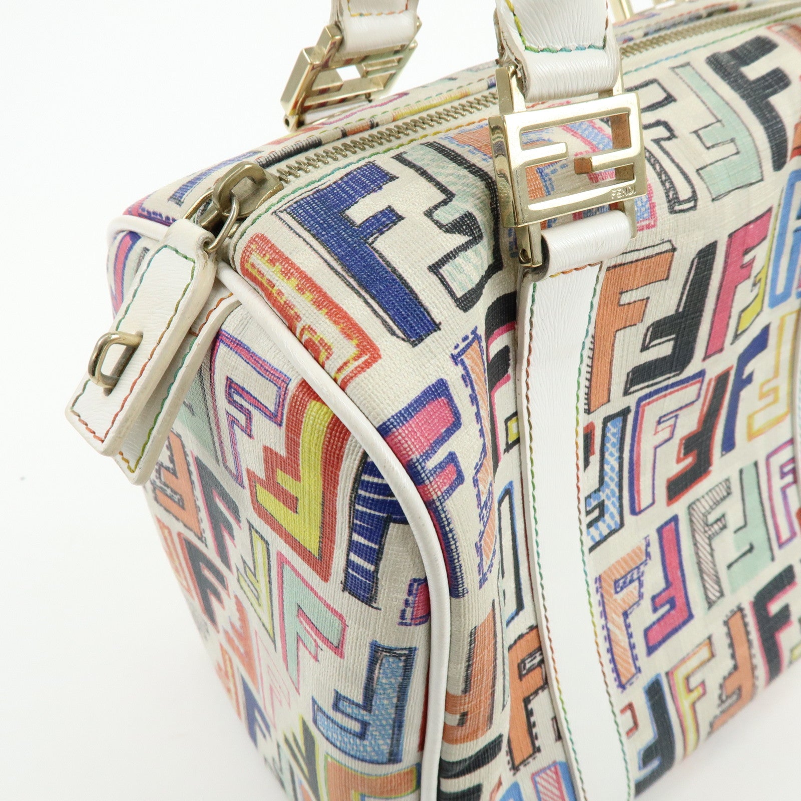 FENDI Zucca PVC Canvas Leather Boston Bag White Multicolor 8BL068
