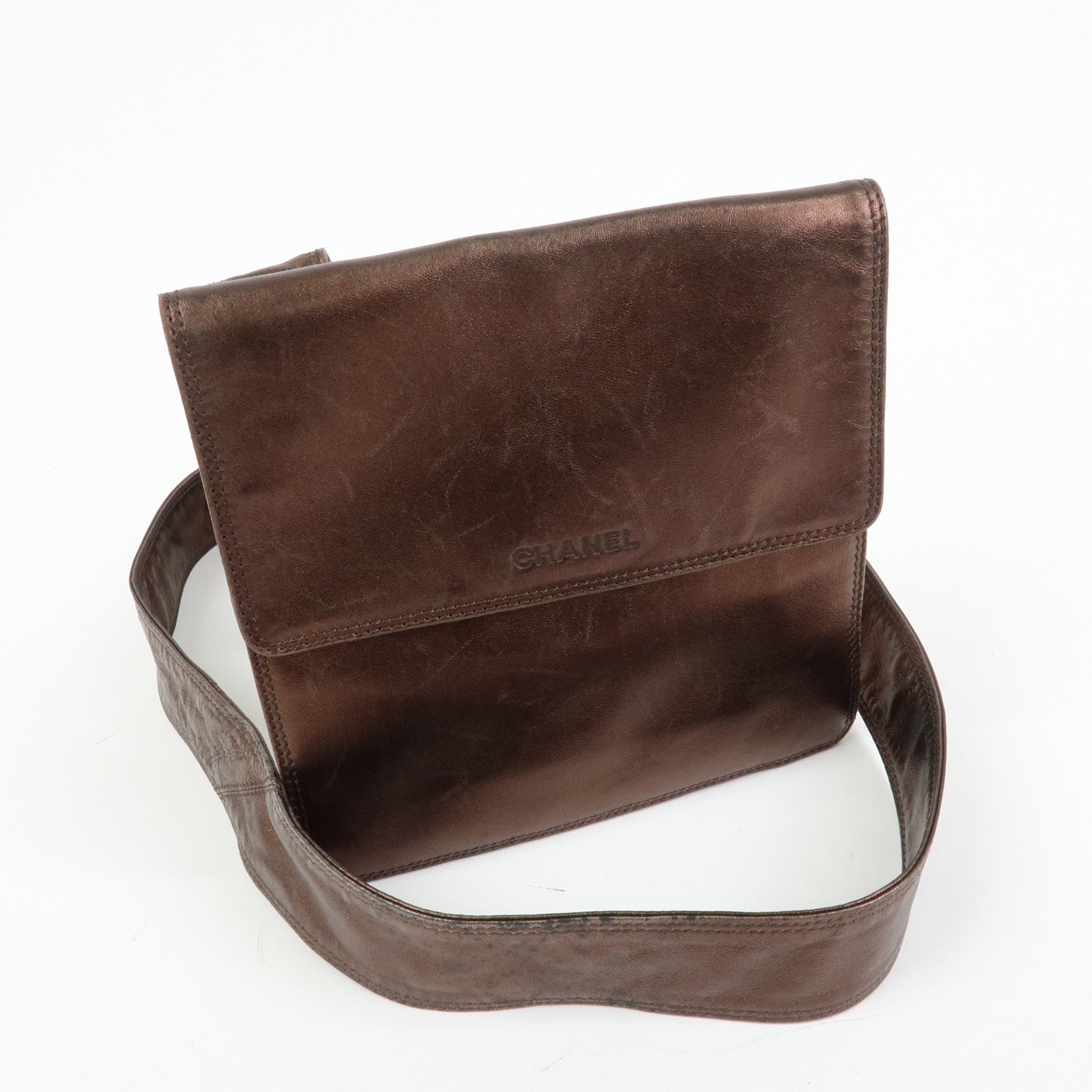 CHANEL Calf Leather Shoulder Bag Flap Crossbody Bag Metallic Brown